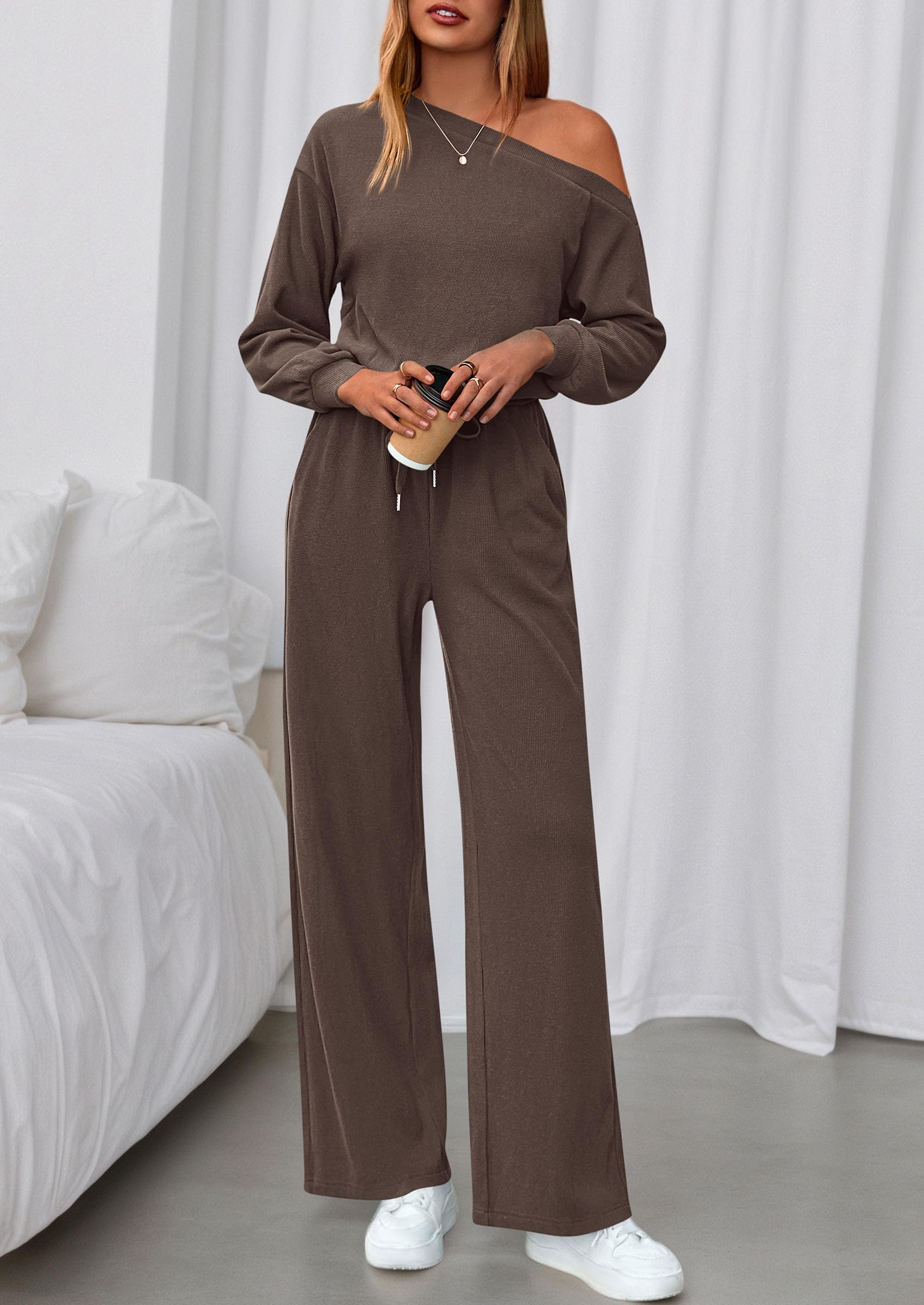 Womens Off Shoulder Long Sleeve Jumpsuit,Brown,S