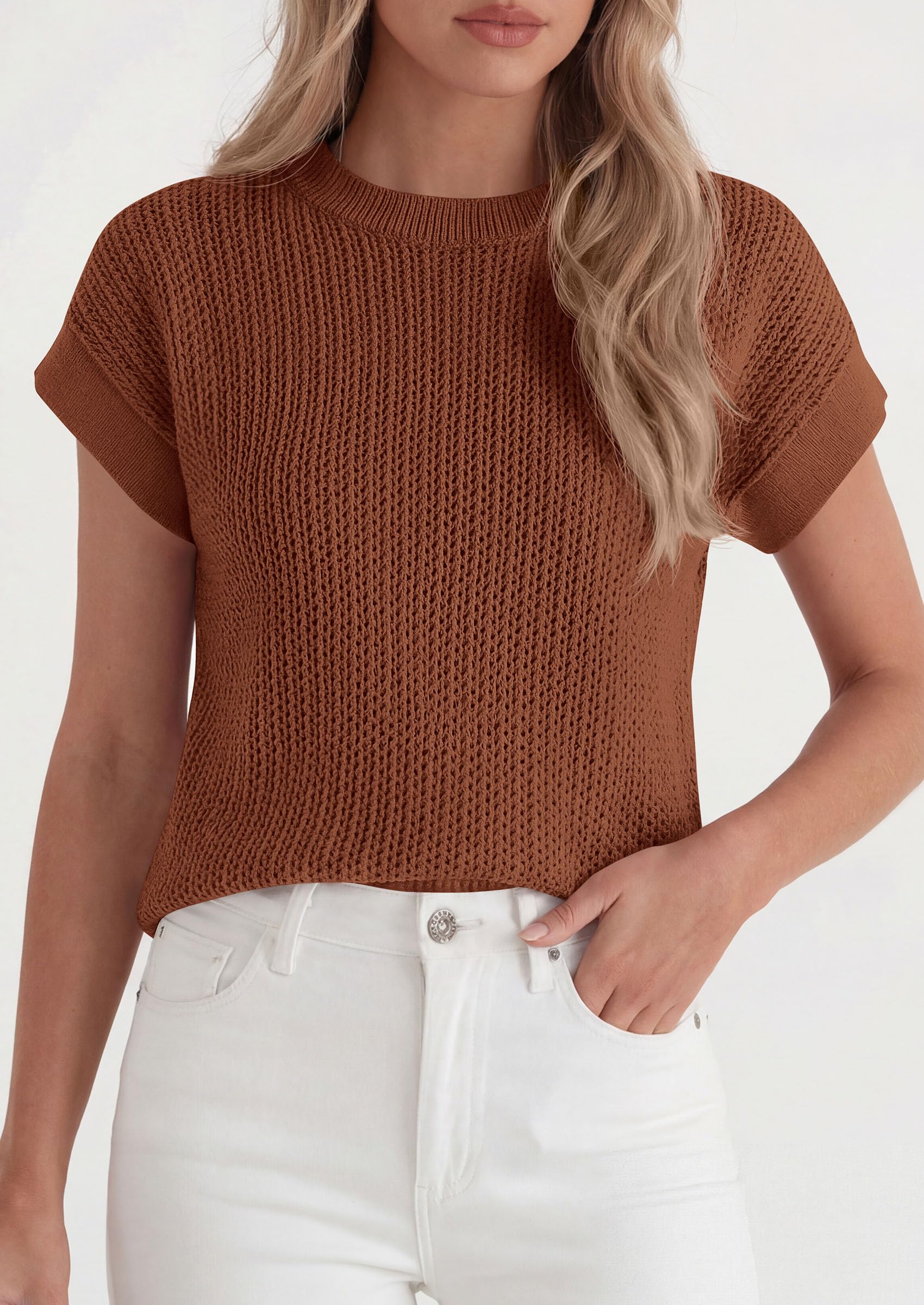 Women's Summer Sweater Vest Crochet Tops (Brown,S)
