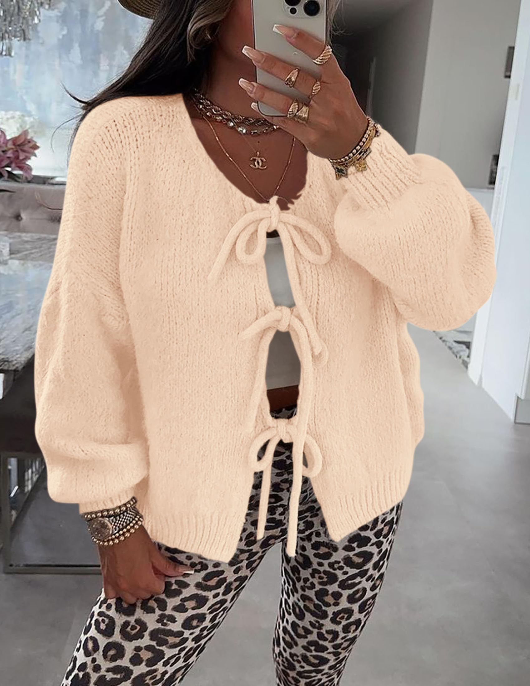 Women's Tie Front Bow Cardigan Sweaters(Apricot,Small)