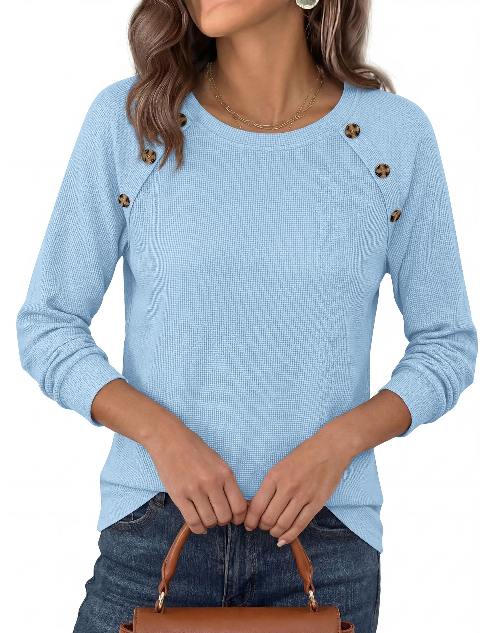 Fall Long Sleeve Waffle Knit Shirts for Women Loose Tunic Tops