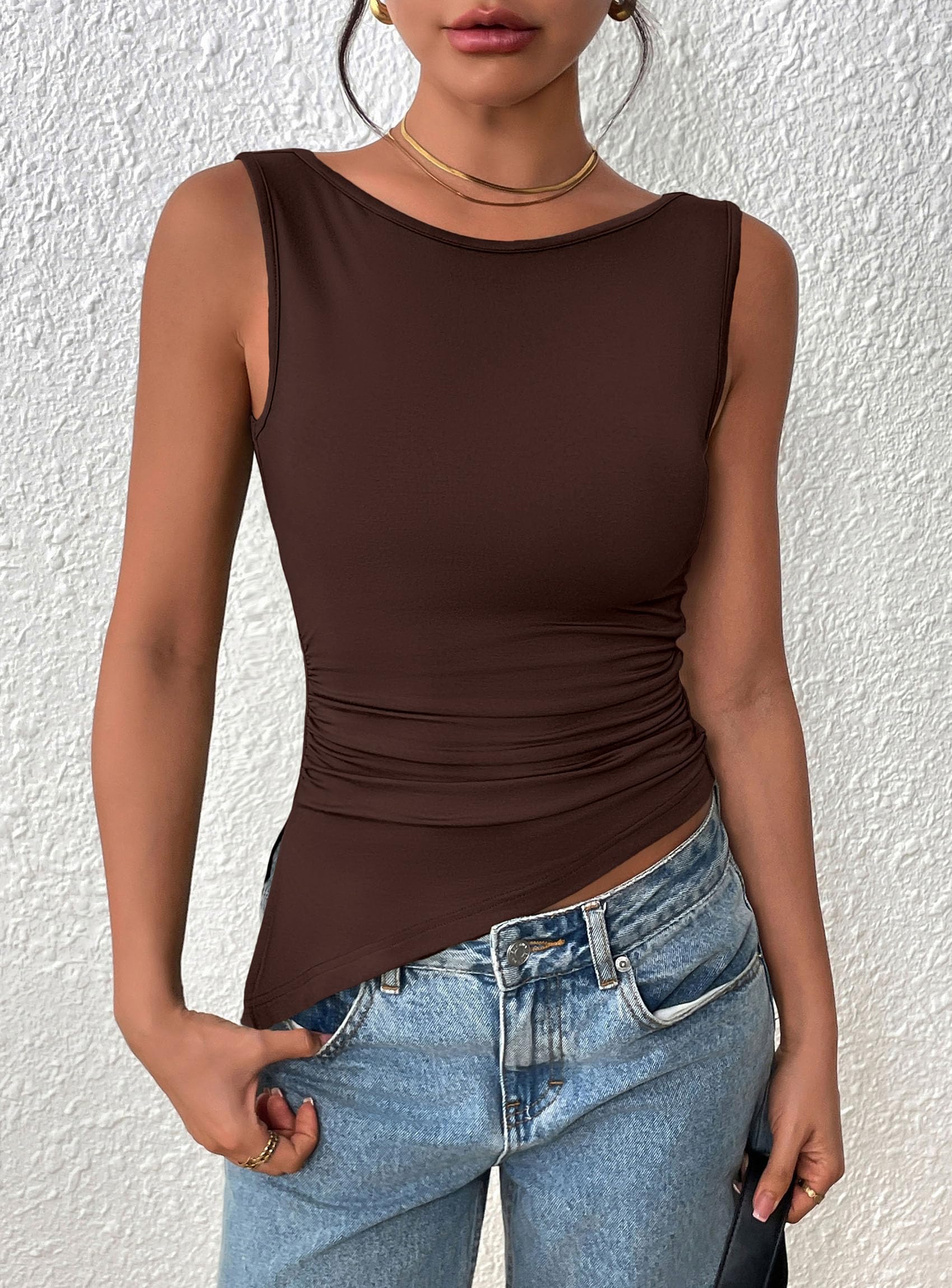 Women's Ruched Tank Tops Summer Y2K Shirts,Brown,S