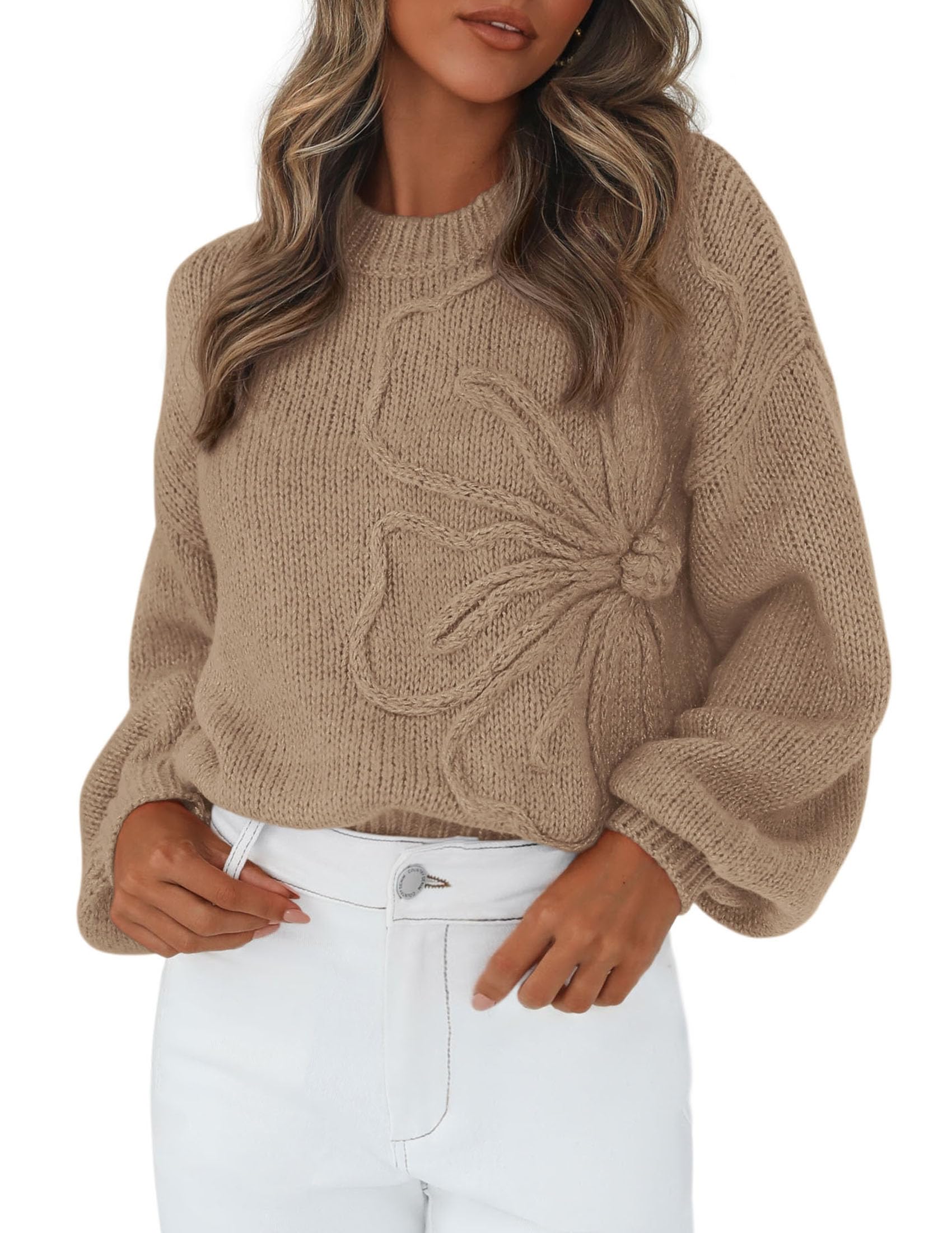 Women's Oversized 3D Floral Knit Sweater,Grey Khaki,S