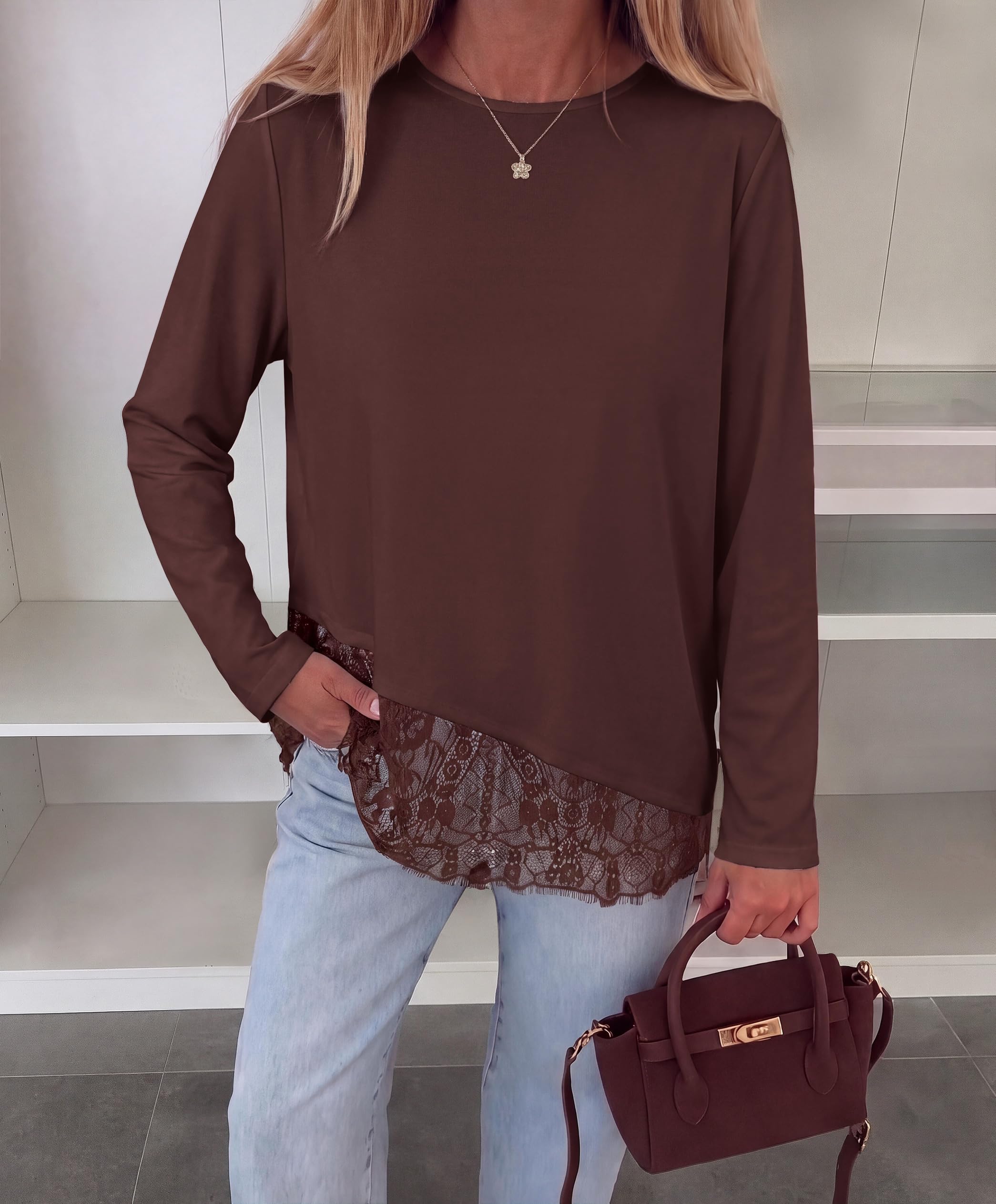 Women's Lace Patchwork Long Sleeve Shirts,Brown,S