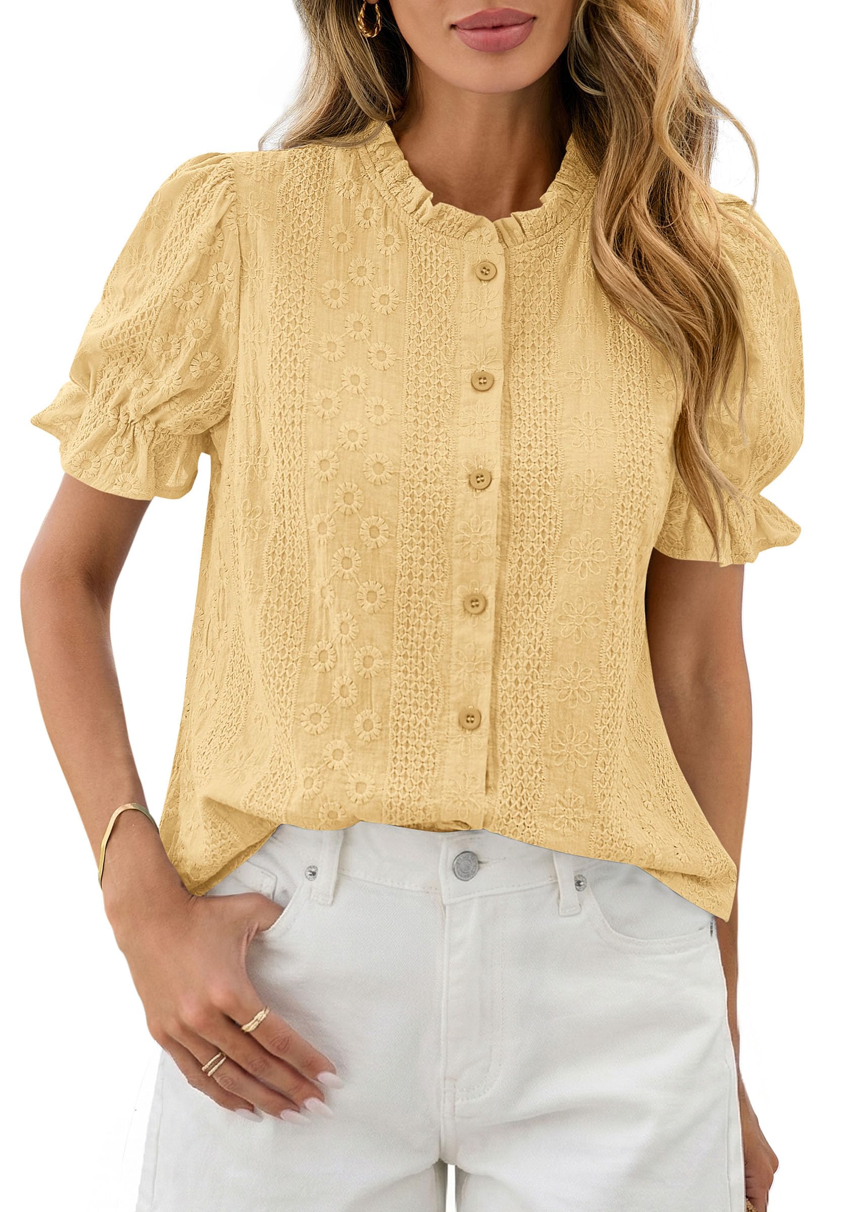 Womens Embroidered Puff Short Sleeve Tops,Yellow,S