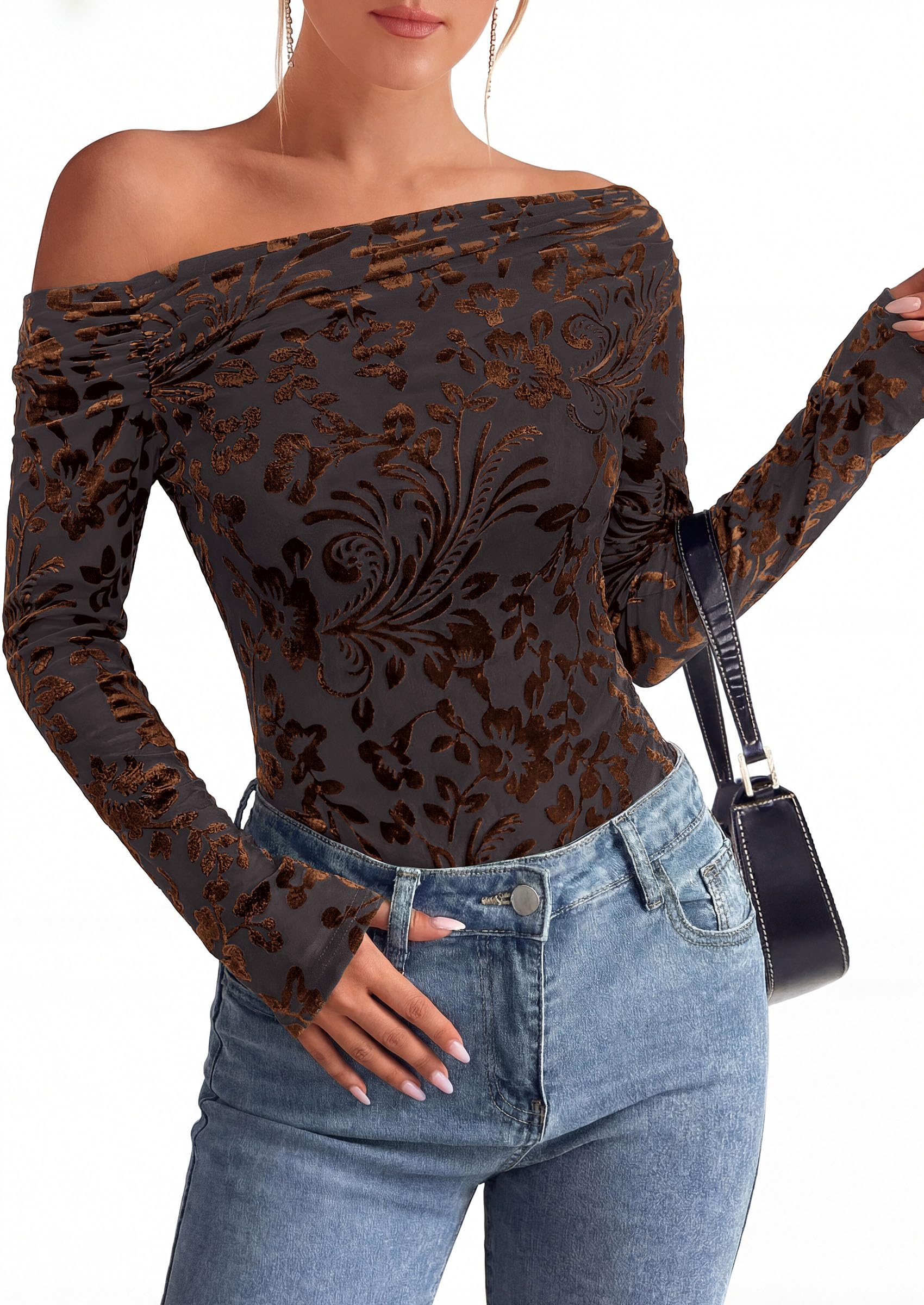 Off the Shoulder Tops for Women Fall Mesh Floral Blouses Brown