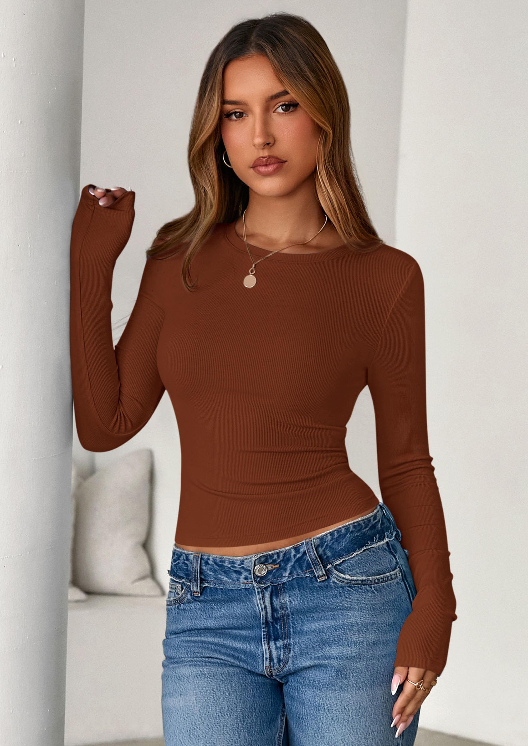 Women's Fall Long Sleeve Shirts Basic Tees (Caramel,XS)