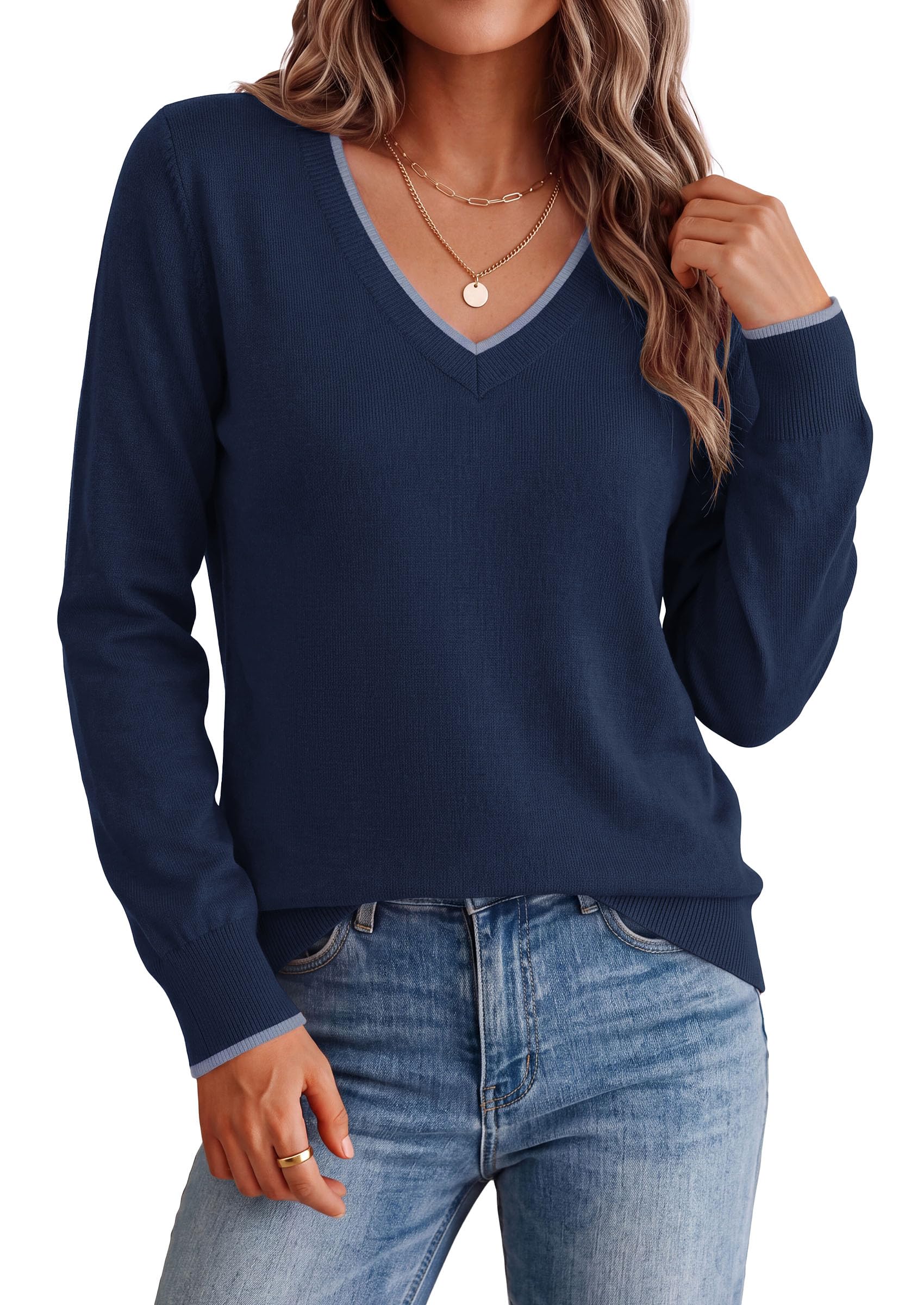 Women's V Neck Sweater Long Sleeve Knit Tops (Navy Blue,S)