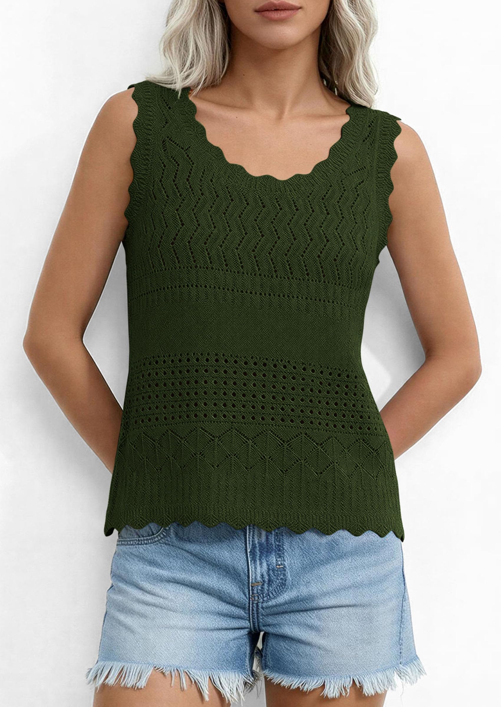 Womens Crochet Tank Tops Knit Sleeveless Vest,Army Green,S