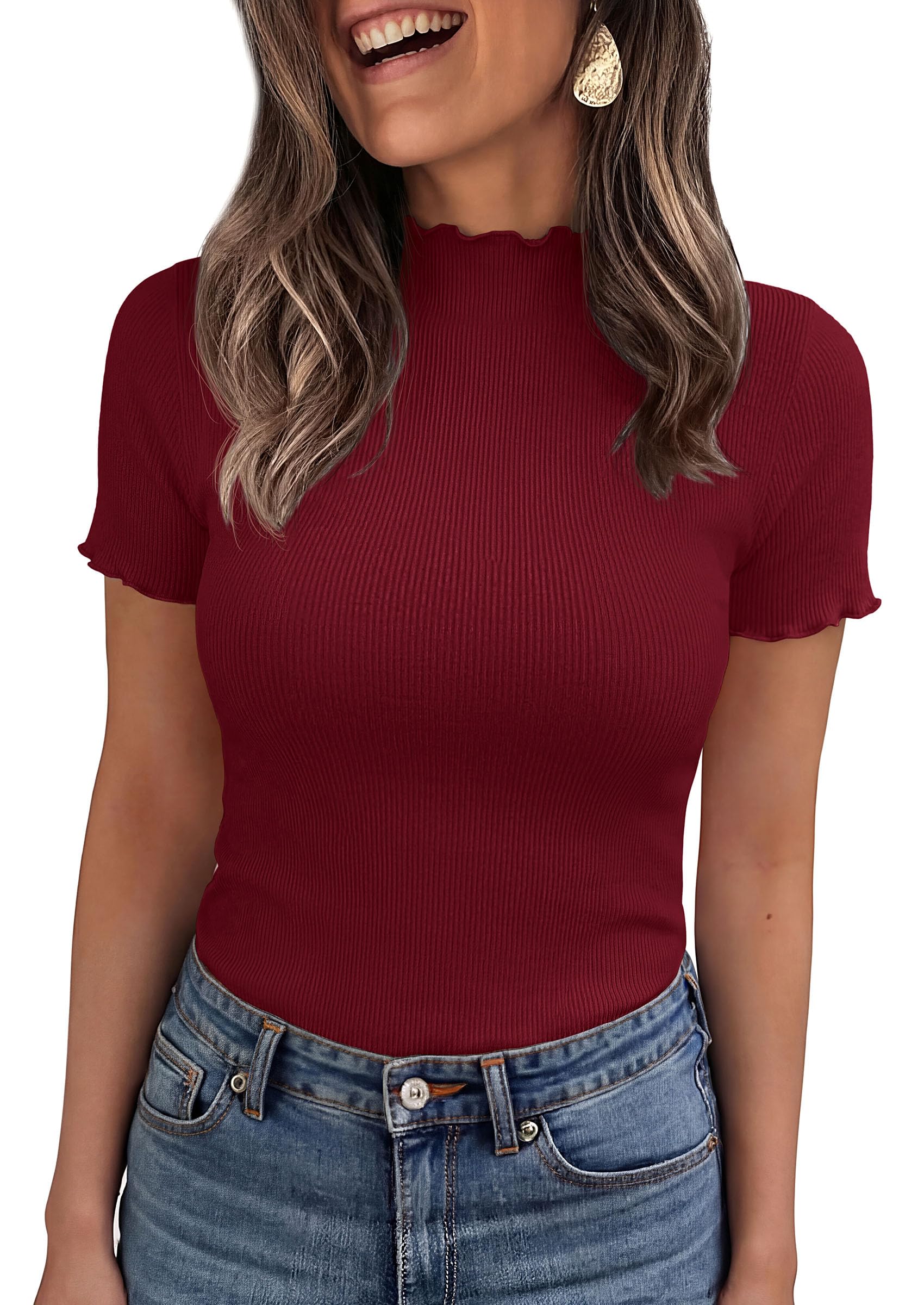 Women's Short Sleeve Ribbed Knit T Shirts, Burgundy,XS