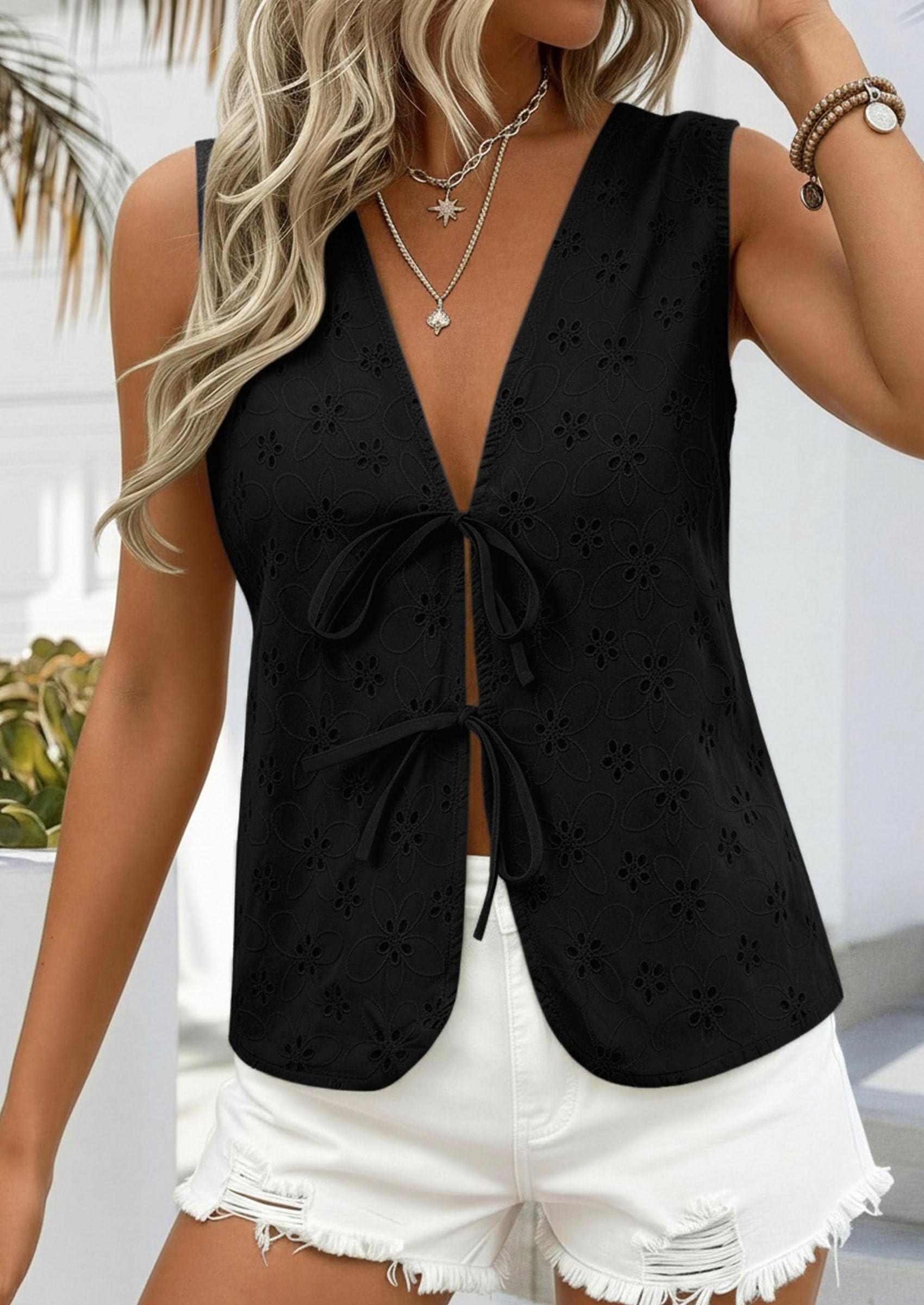 Women's Summer Eyelet Lace Tie Front Vest Tops (Black,S)