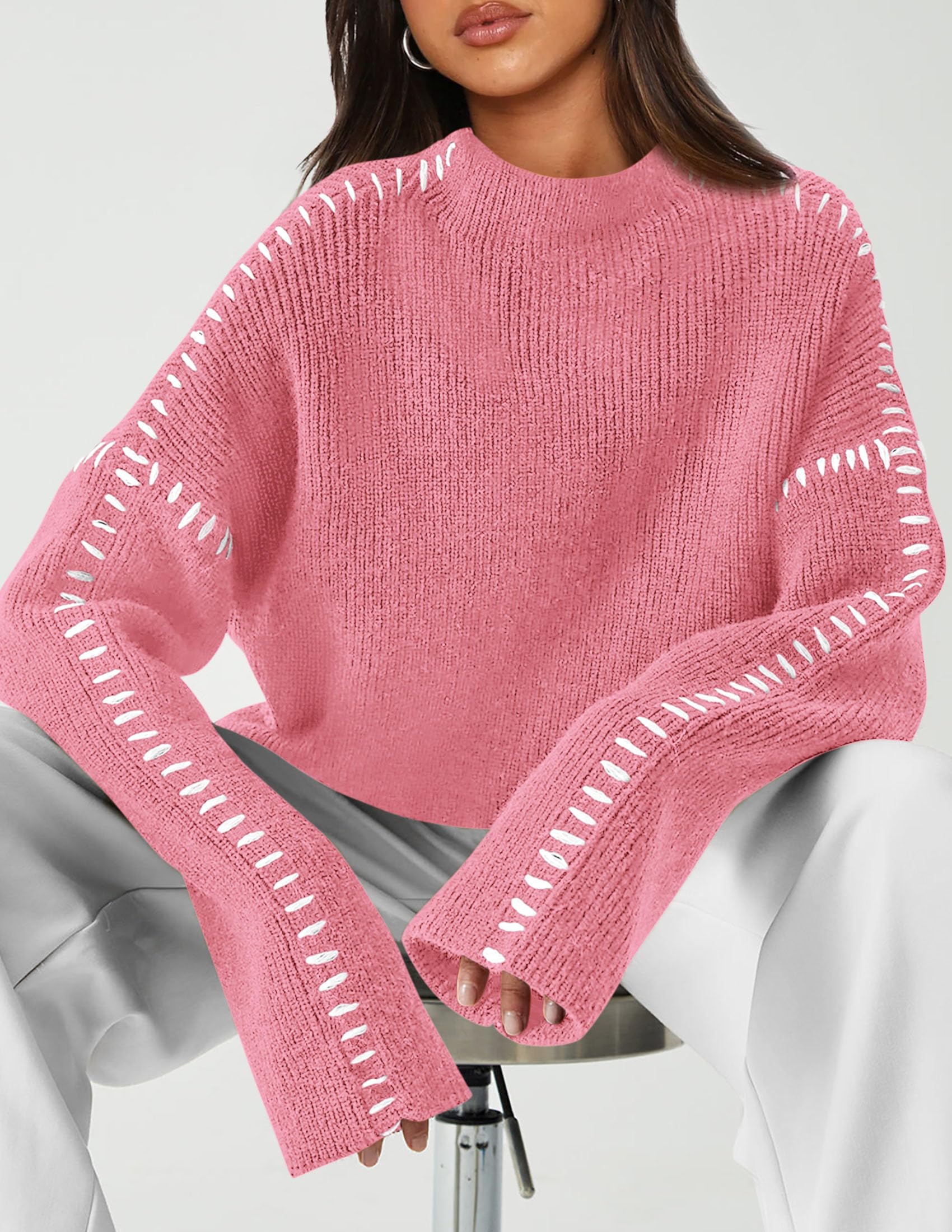 Womens Chunky Knit Oversized Pullover Sweaters,Dark Pink,S