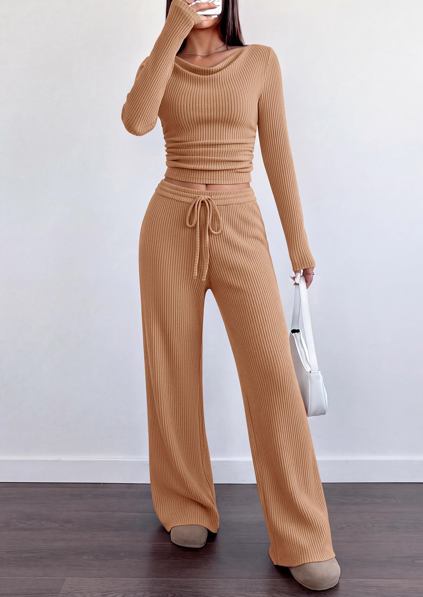 Matching Sets Women Clothing Fall Ribbed 2 Piece Lounge Set