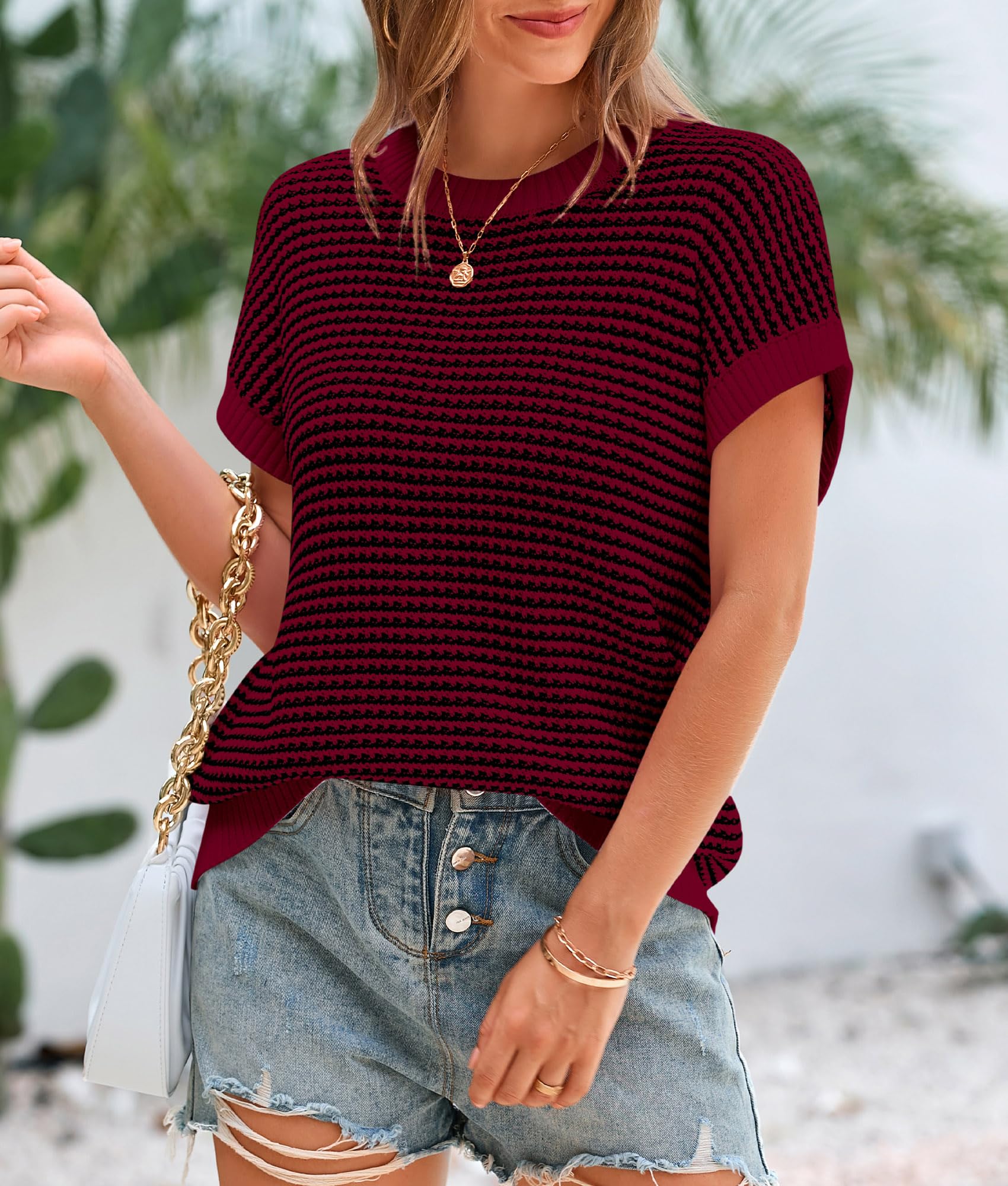 Women's Striped Short Sleeve Sweater Vest Wine Red,S