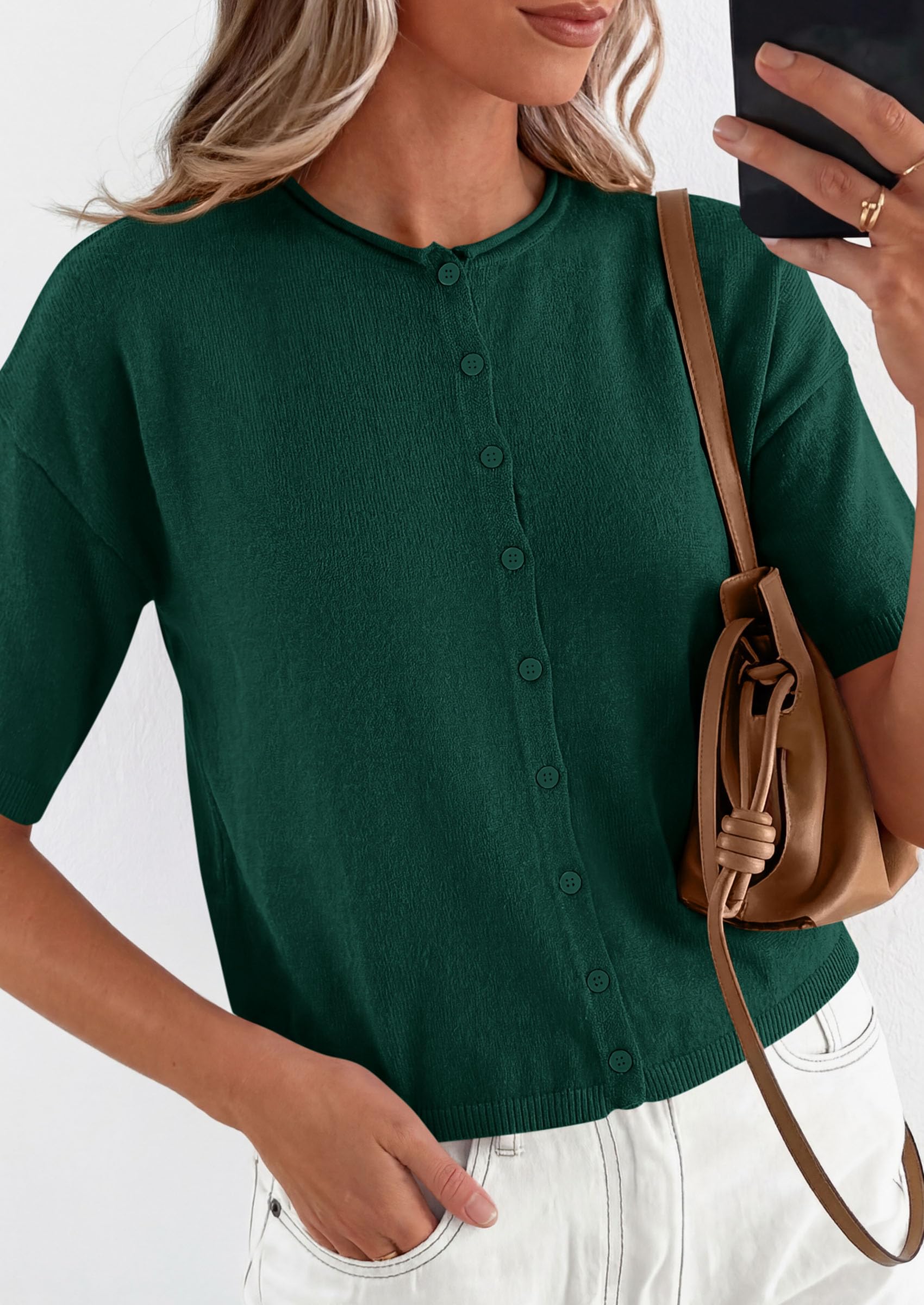 Women's Short Sleeve Cardigan Sweaters (Dark Green,Small)