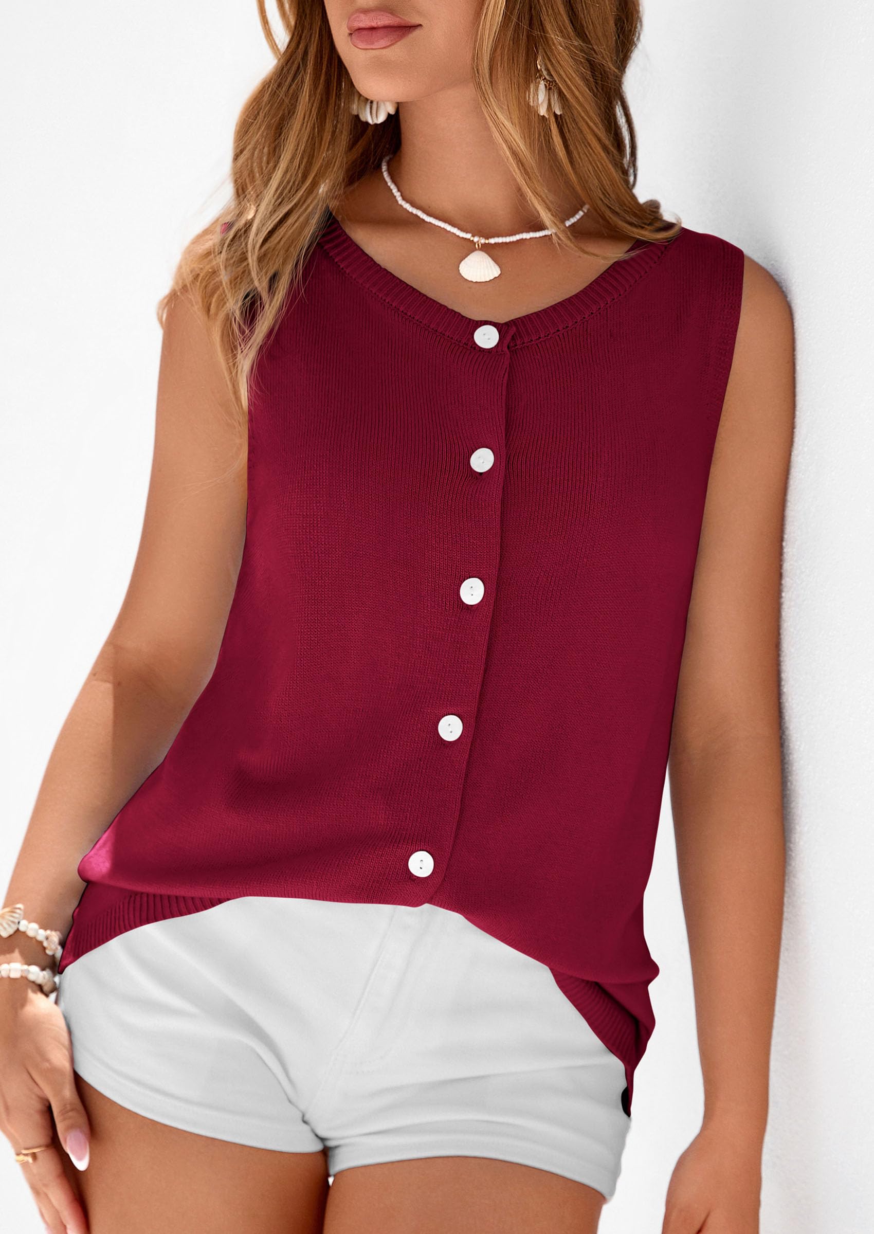 Women's Summer Button Up Sweater Vest Tops,Burgundy,S