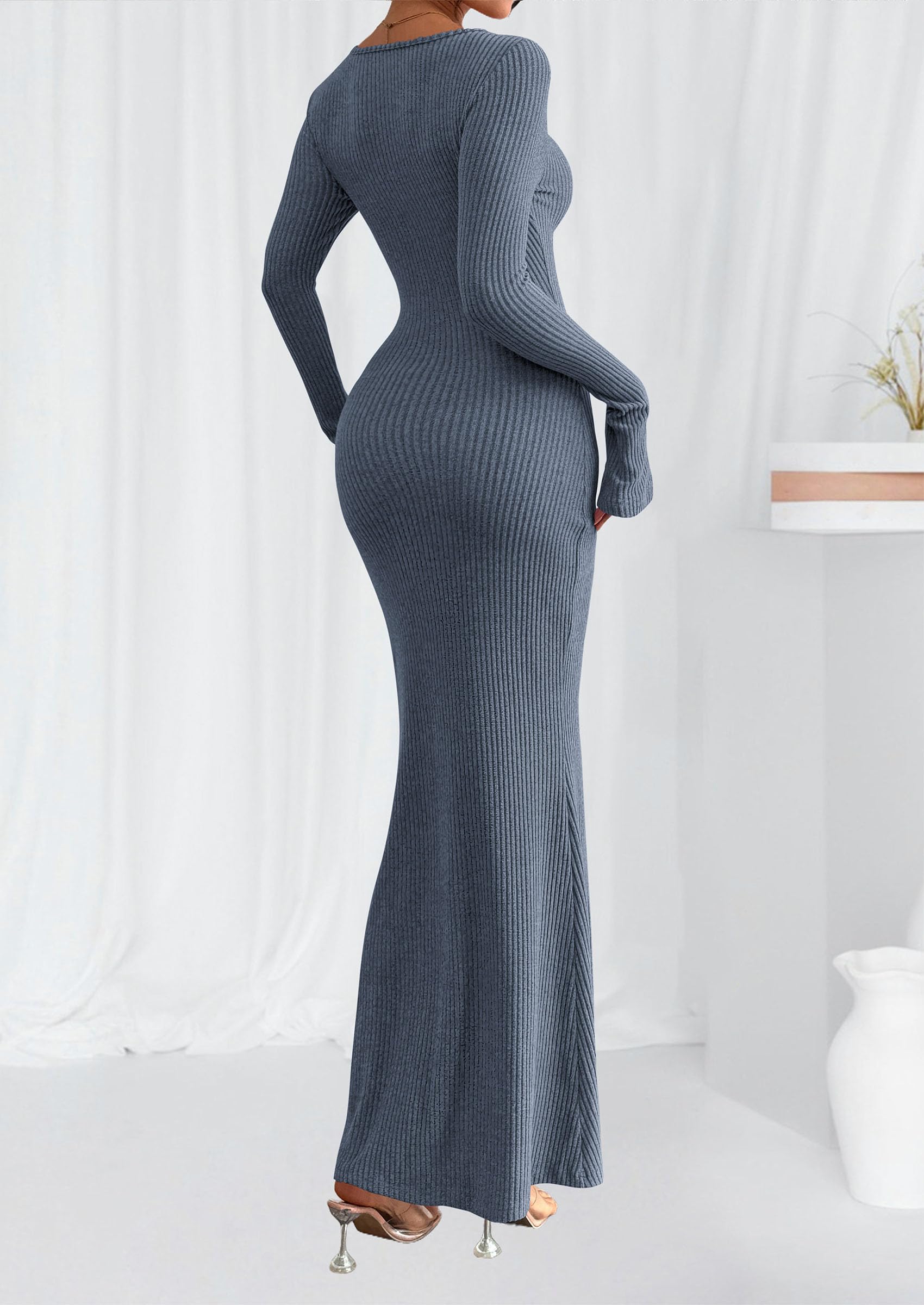 Women's Fall Long Sleeve Bodycon Maxi Dresses (Dusty Blue,XS)