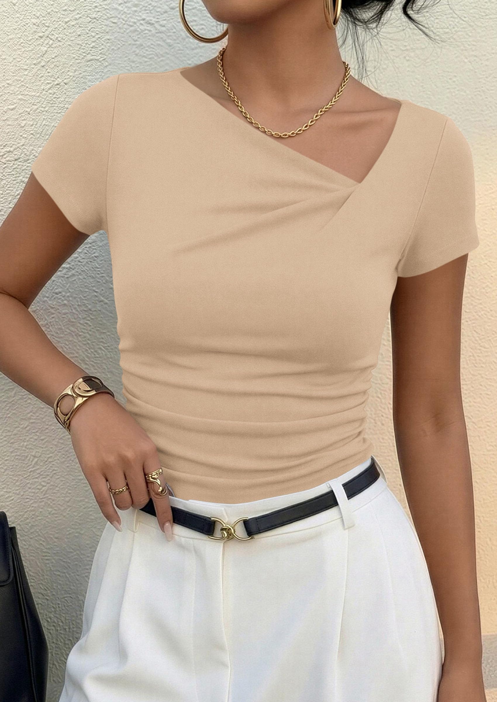 Women's Summer Trendy Asymmetrical Y2K Tops (Light Khaki,S)