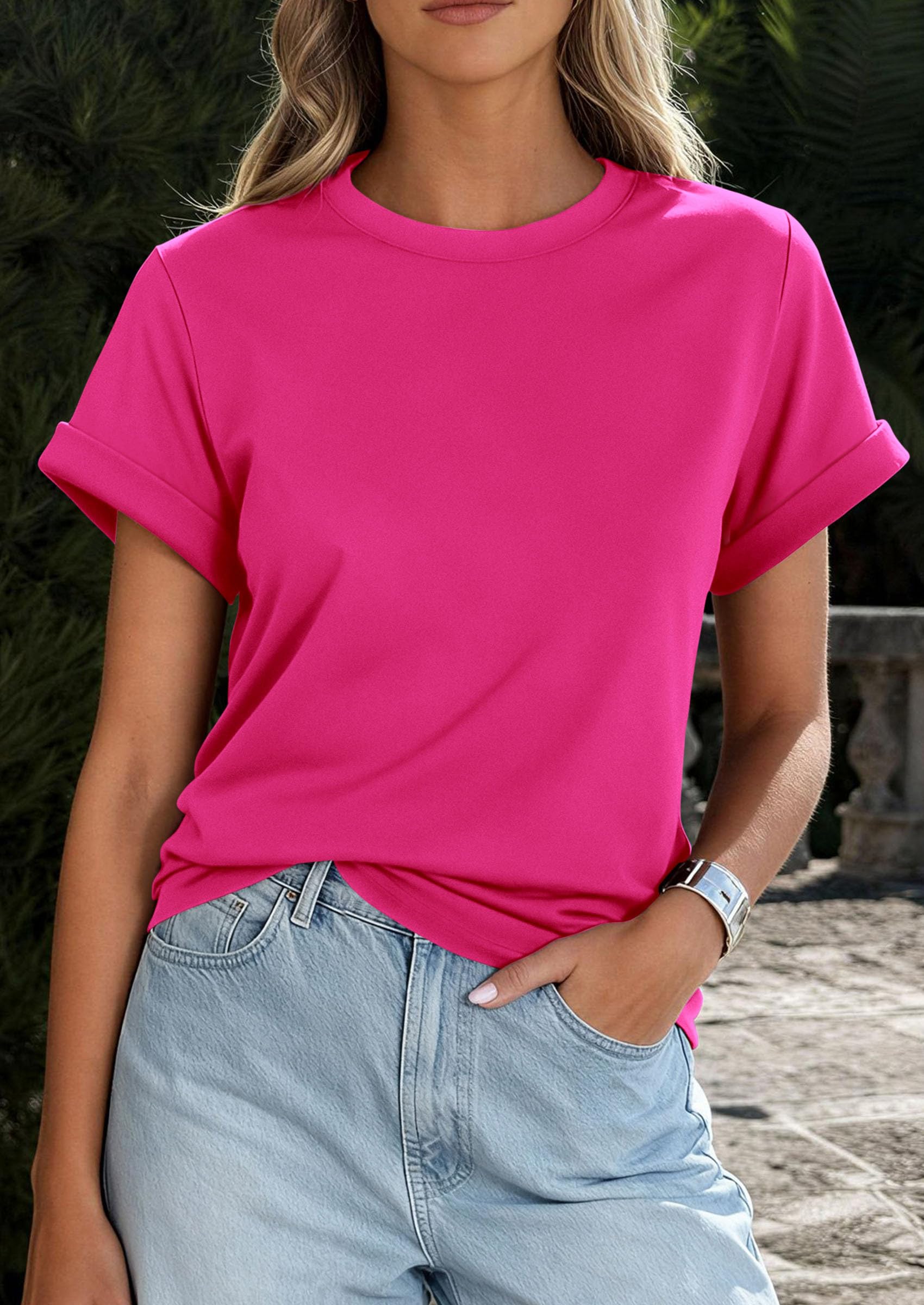 Womens Summer Tops Short Sleeve Shirts,Rose Red,S