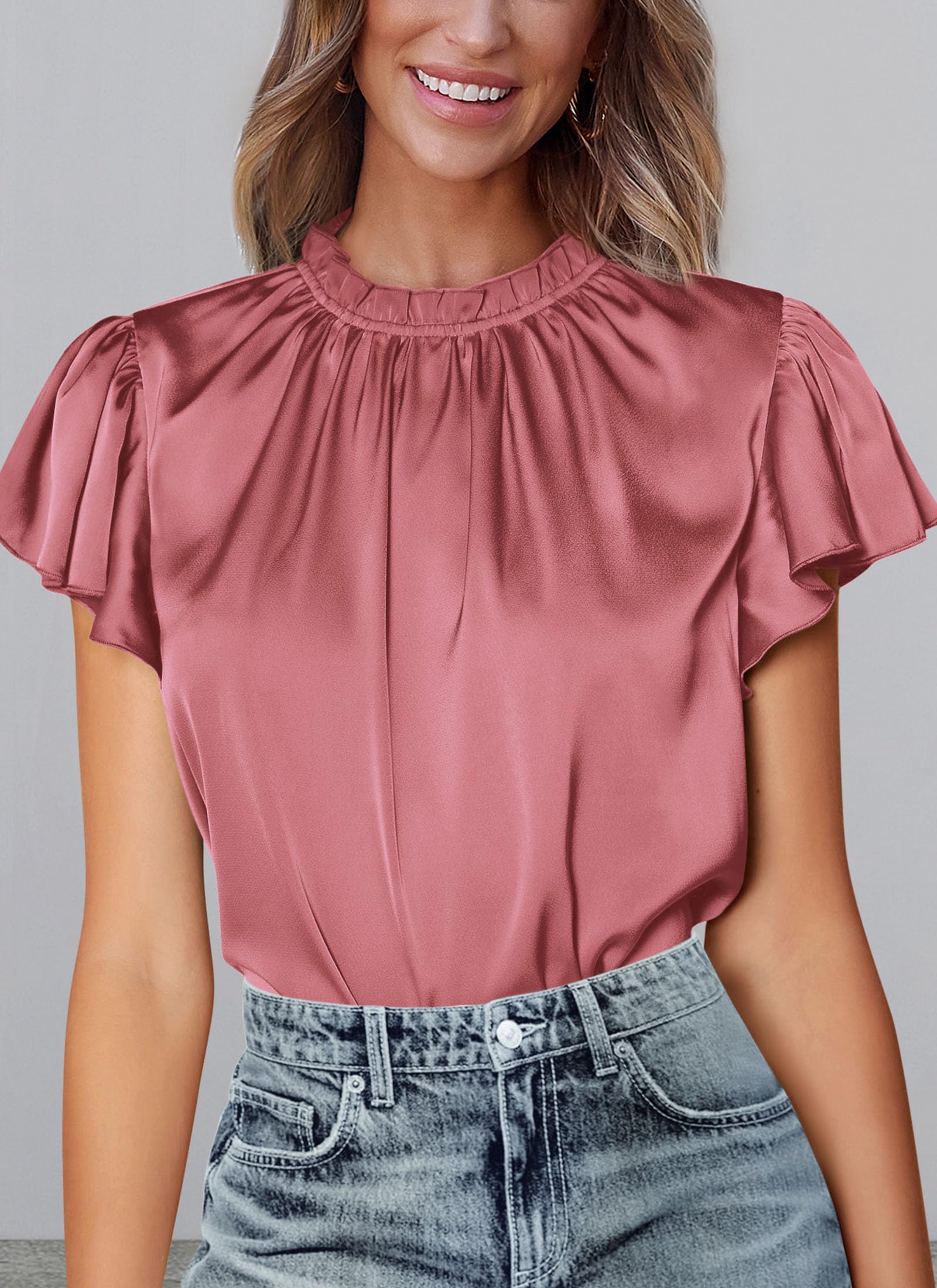 Women's Satin Tops Business Casual Work Blouses, Dusty Pink,S