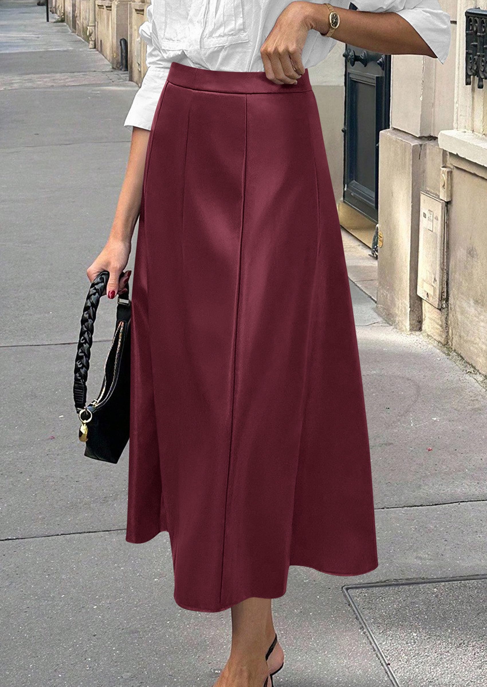 Womens Faux Leather High Waisted Midi Skirt,Wine Red,S