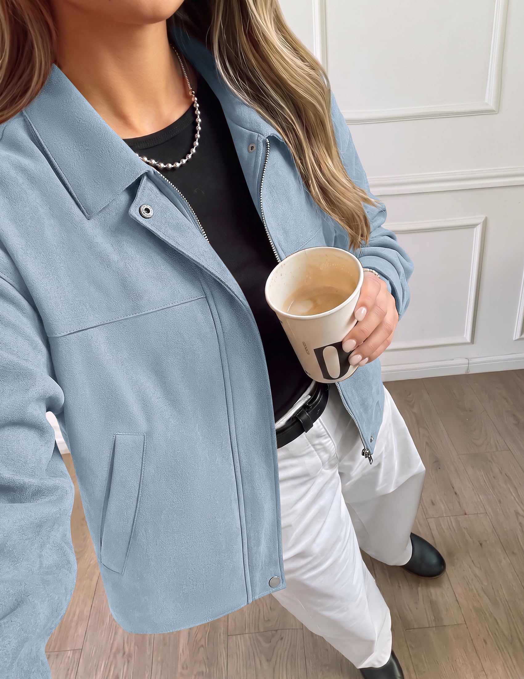 Women's Faux Suede Cropped Fall Jackets,Light Blue,S