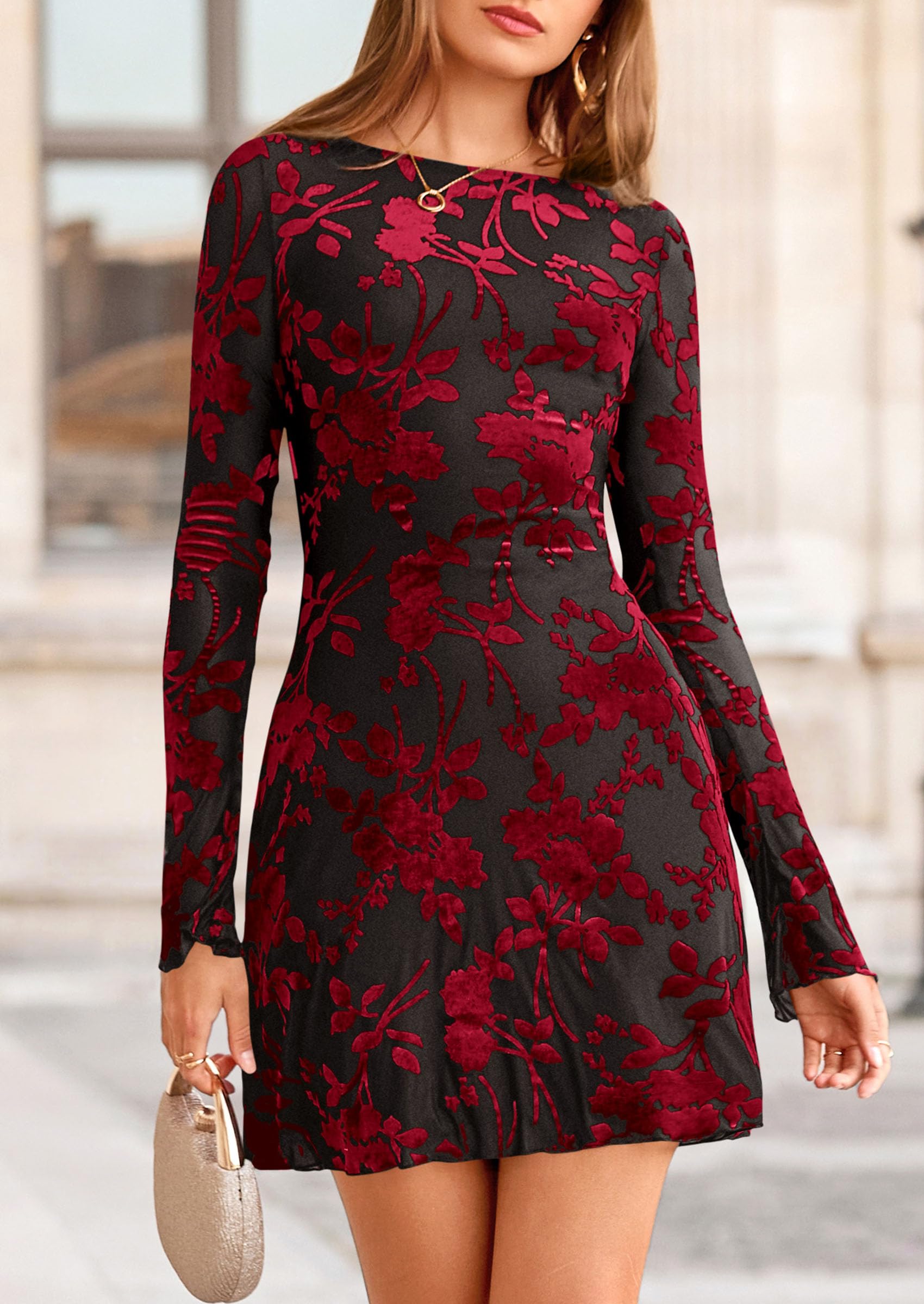 Women's Fall Floral Long Sleeve Mini Dress (Black Red,XS)