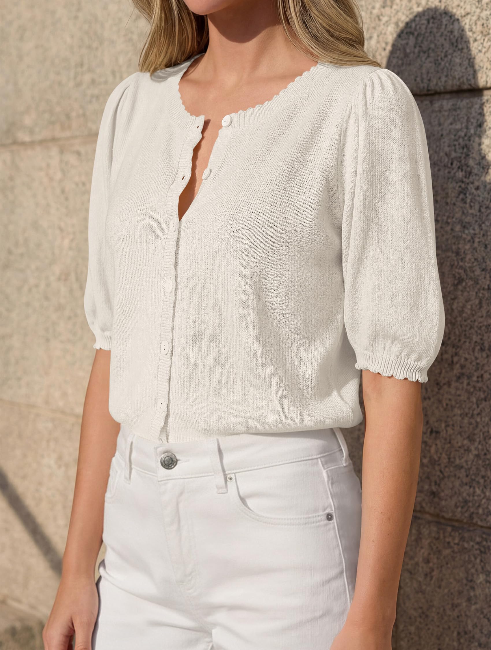 Women Short Sleeve Lightweight Knit Cardigans, White,S