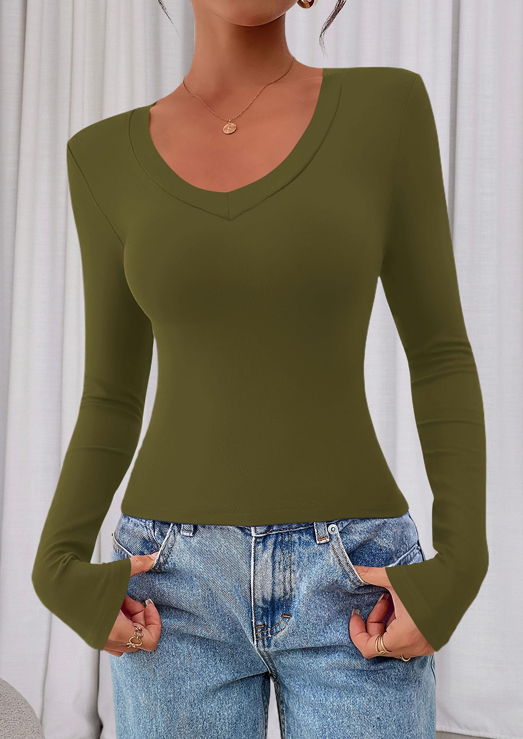 Womens Long Sleeve Slim Fit Crop Tops,Army Green,XS