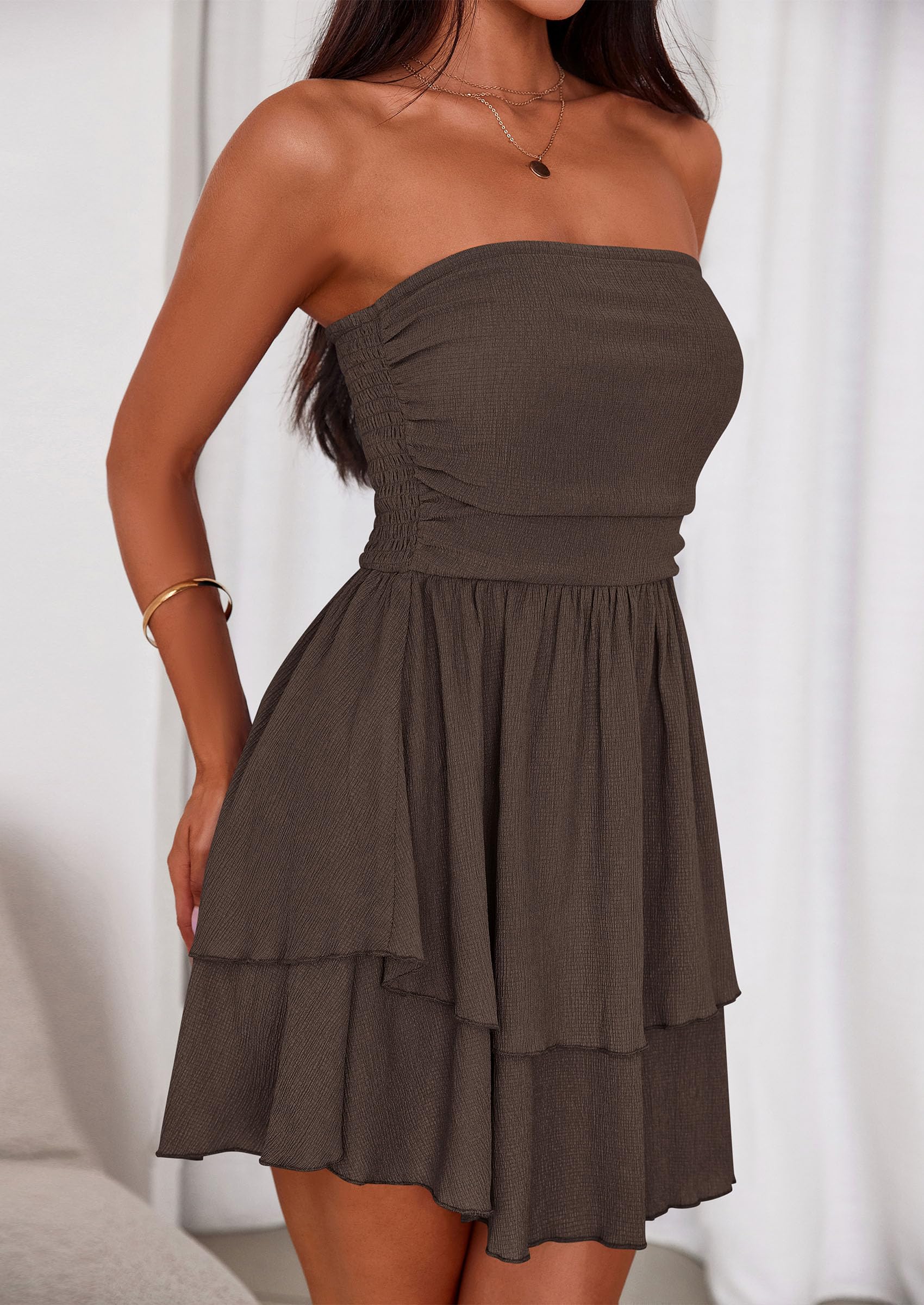Women's Summer Strapless Flowy Mini Dresses (Coffee,S)