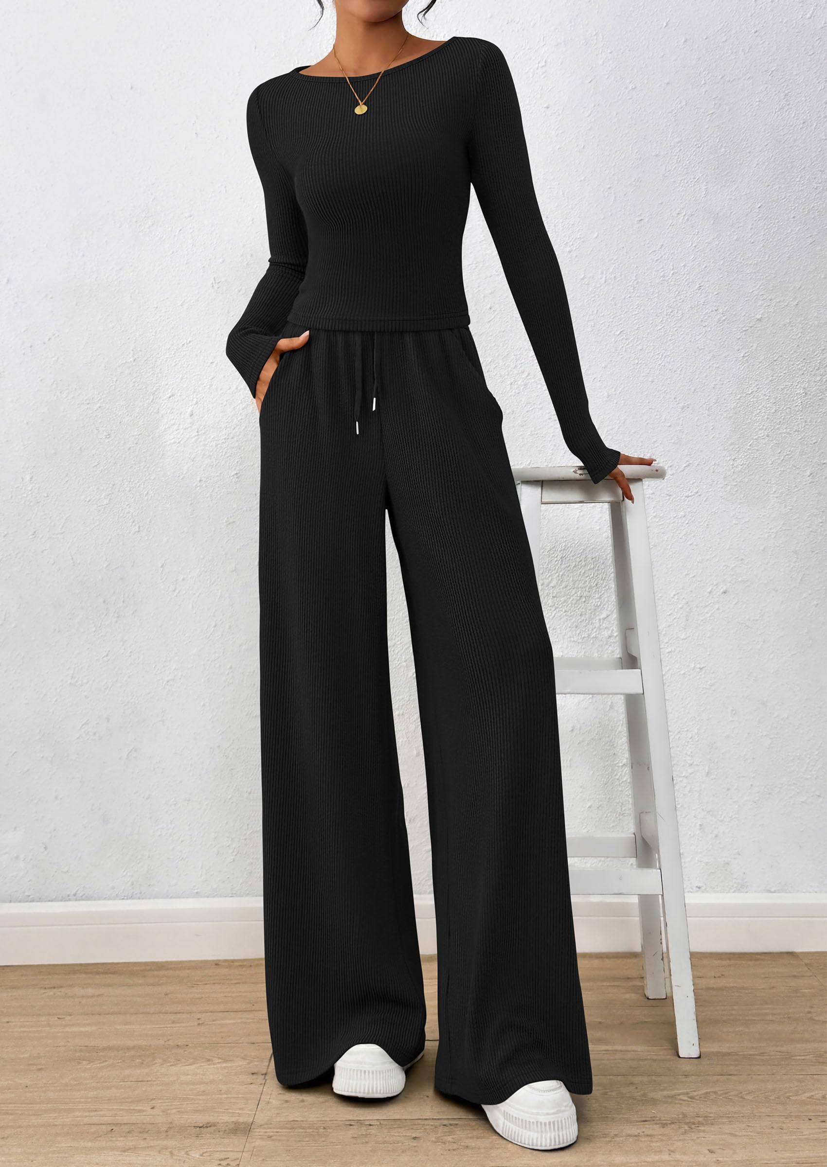 Matching Sets Women Clothing 2 Piece Lounge Set,Black,S