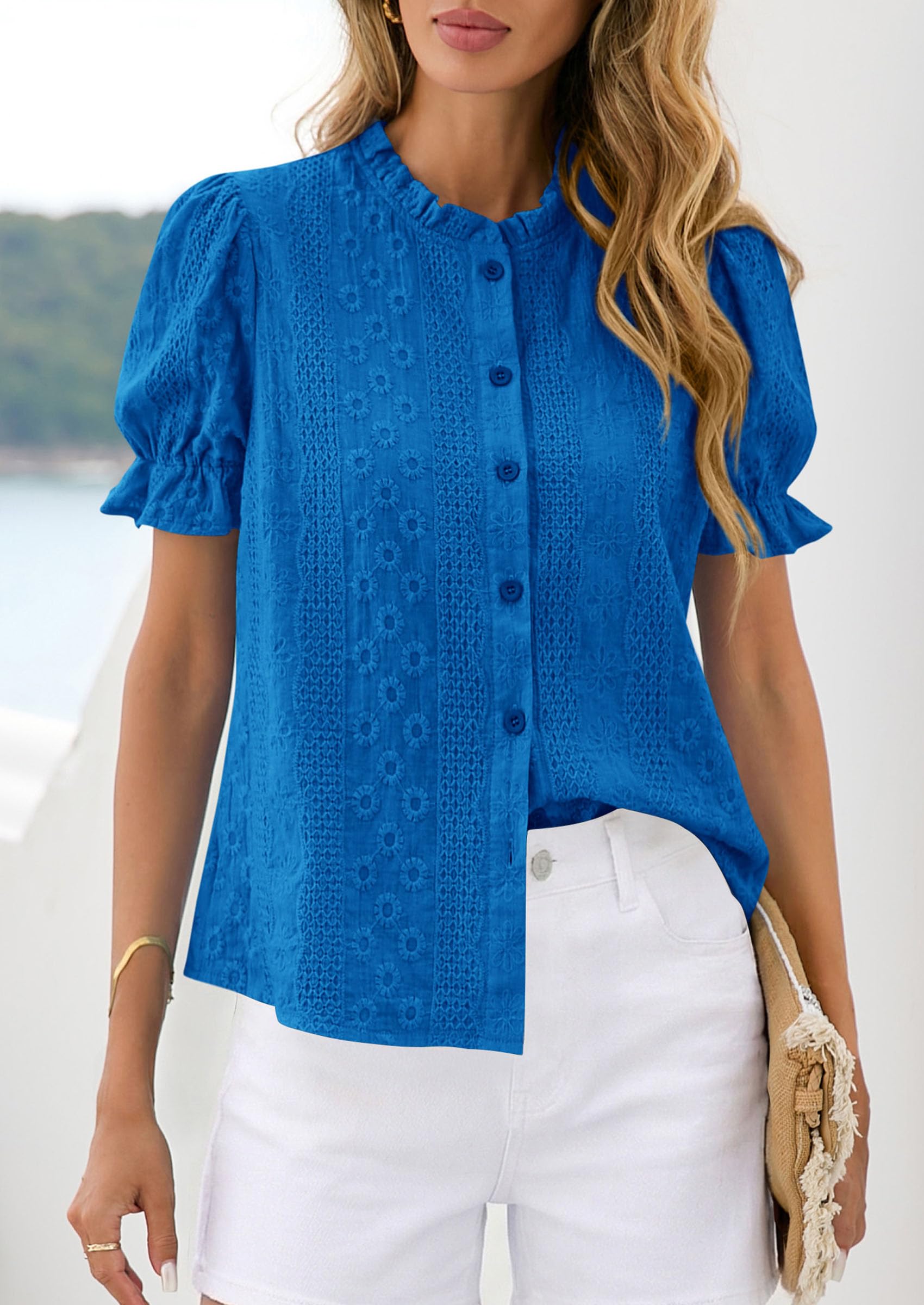 Womens Embroidered Puff Short Sleeve Tops,Royal Blue,S