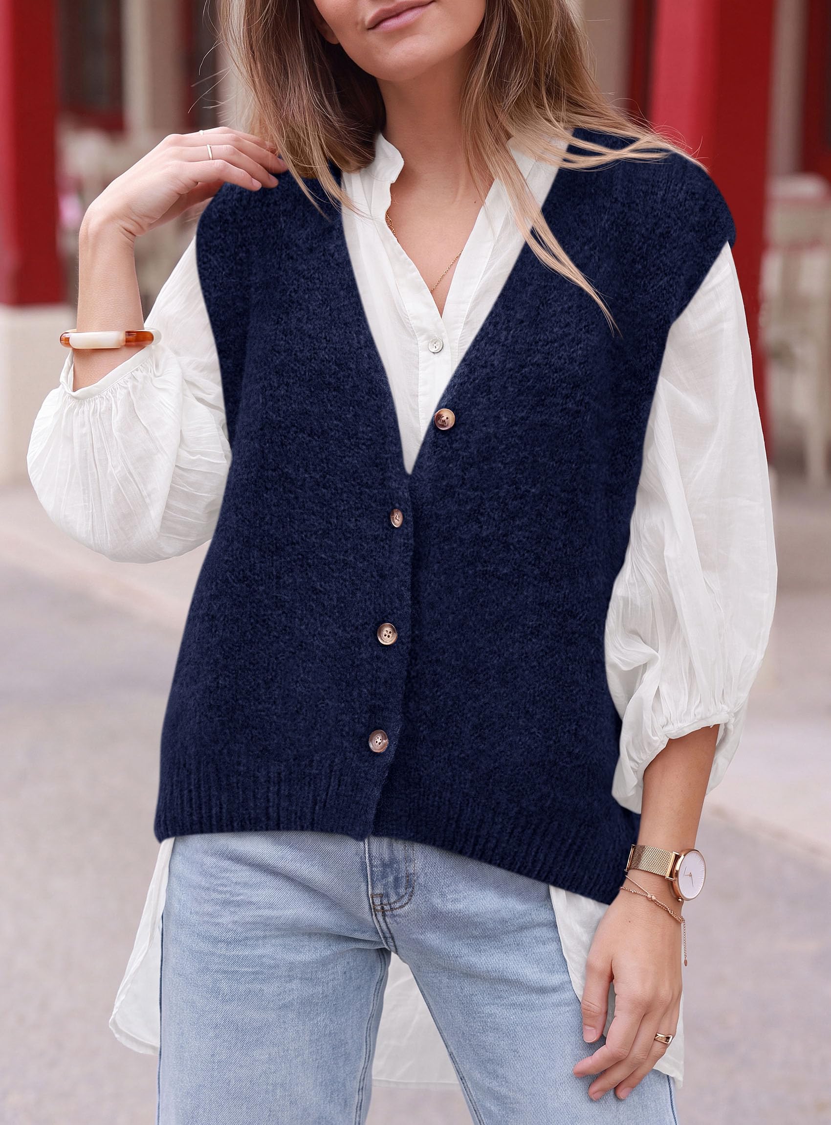 Womens Fall Sleeveless Button Down Sweater Vest,Navy,S