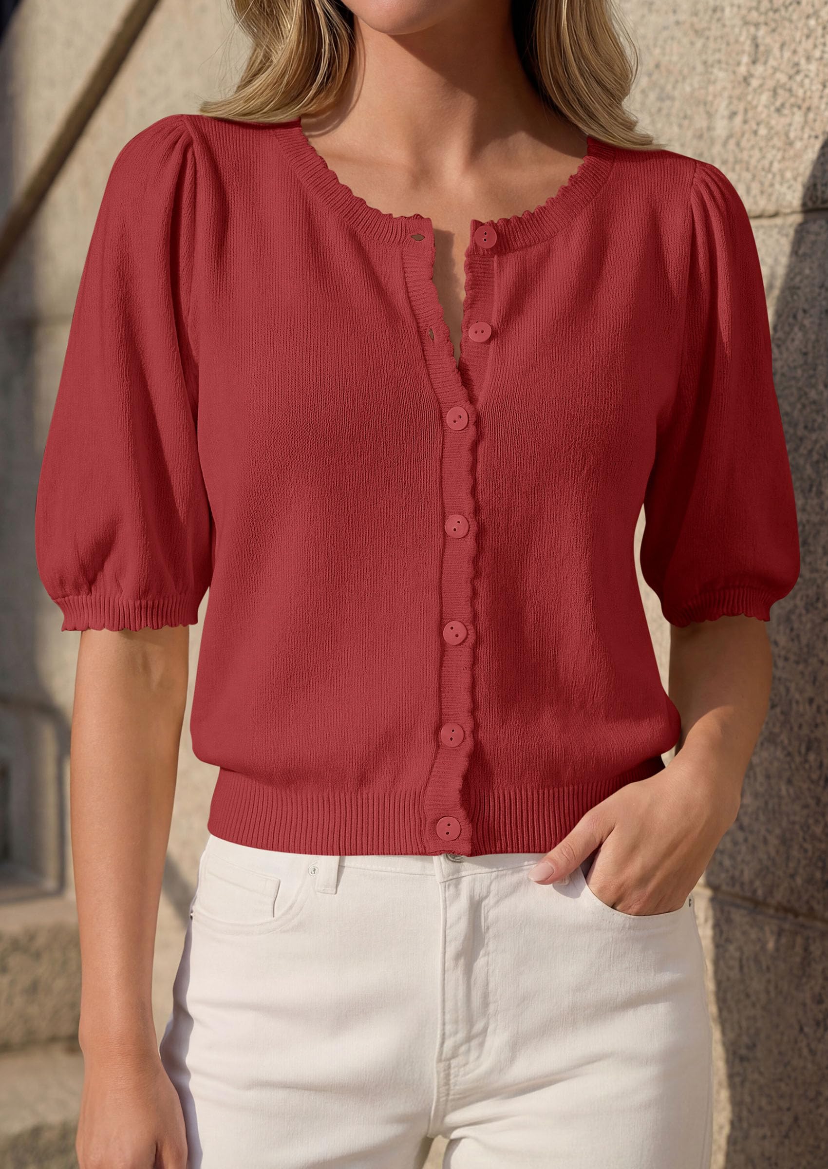 Women Short Sleeve Lightweight Knit Cardigans, Rust,S