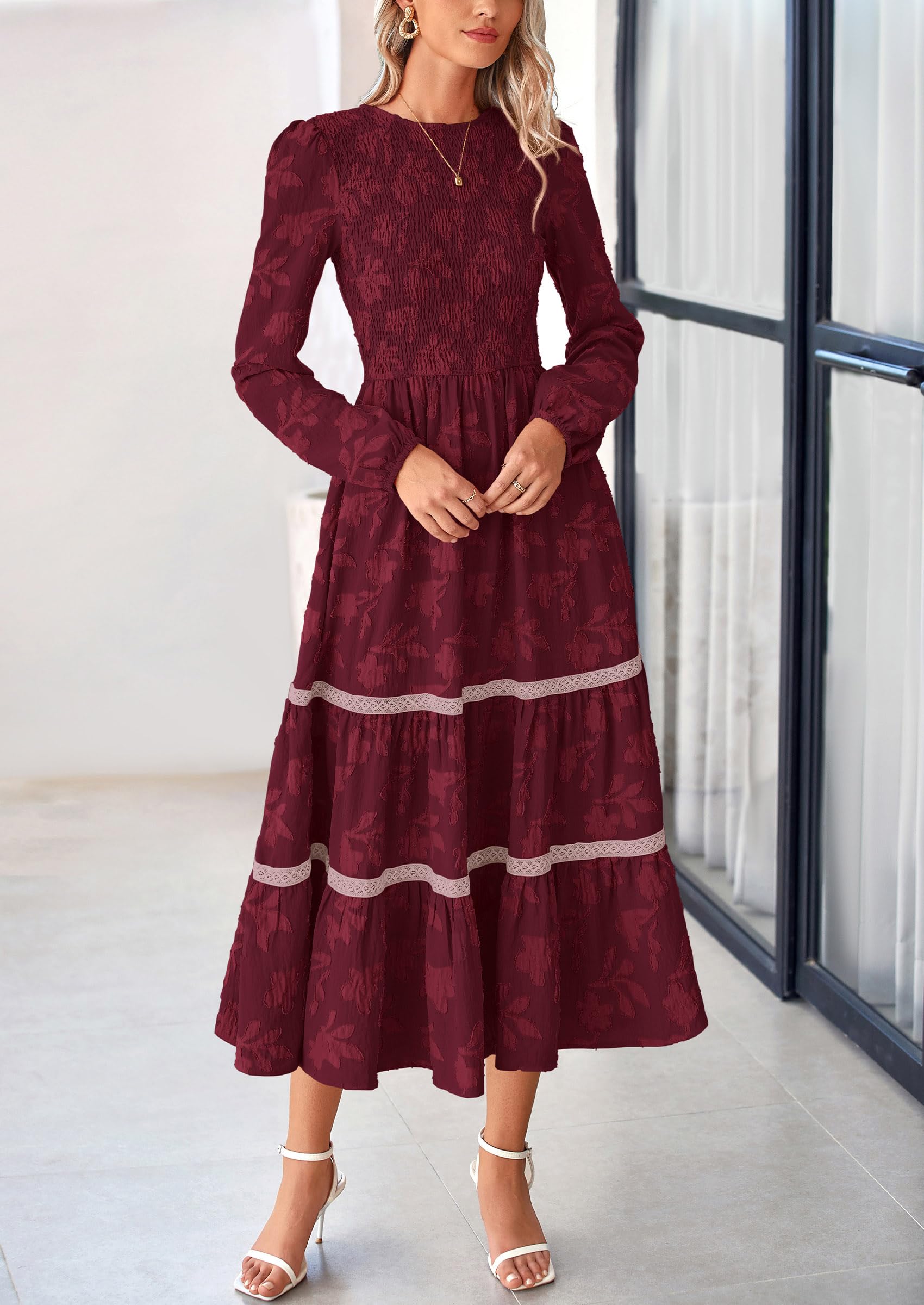 Women's Long Sleeve Boho Floral Midi Dress, Wine Red,S