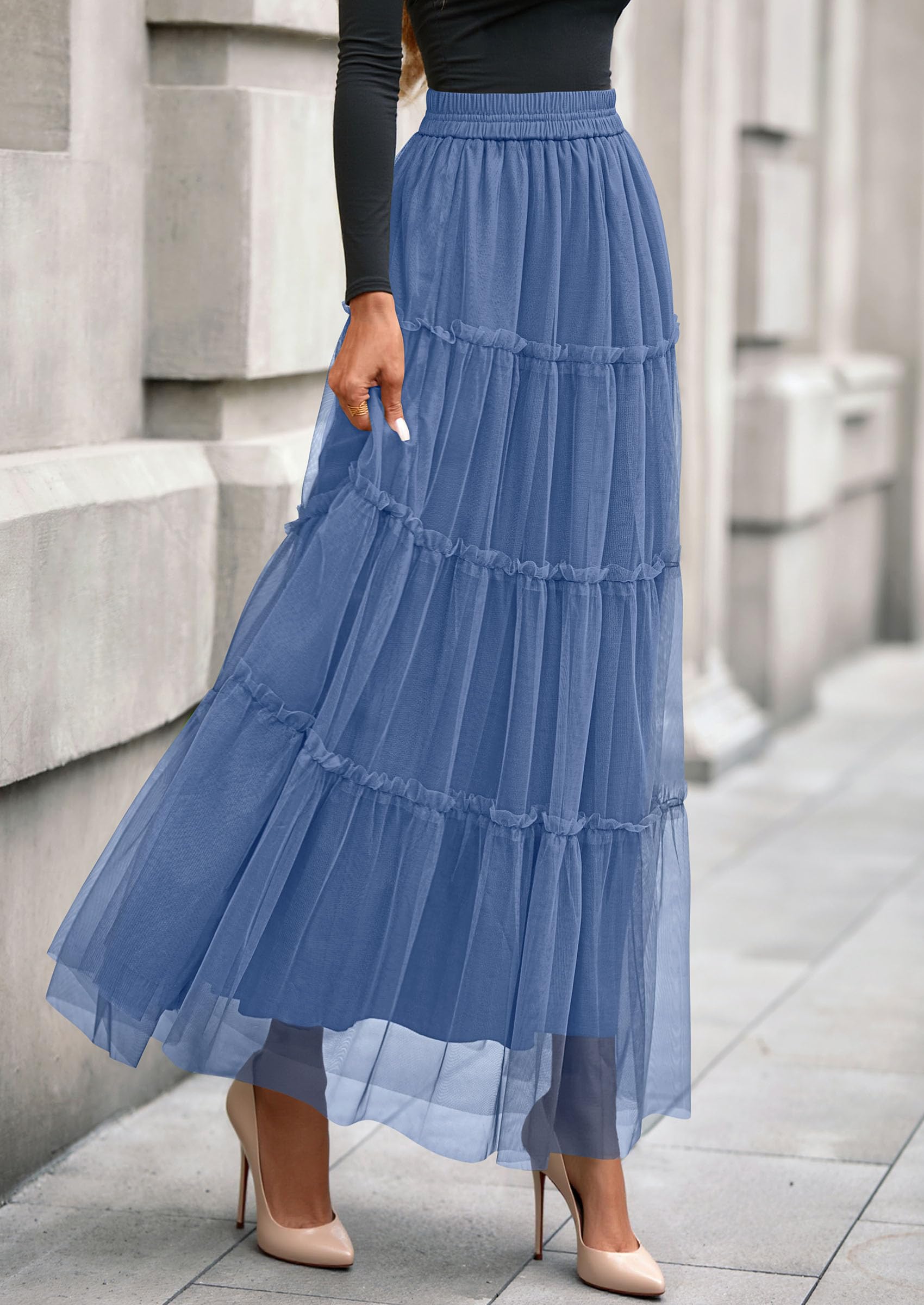 Women's Fall Soft Tulle Tiered Long Skirt,Grey Blue,S
