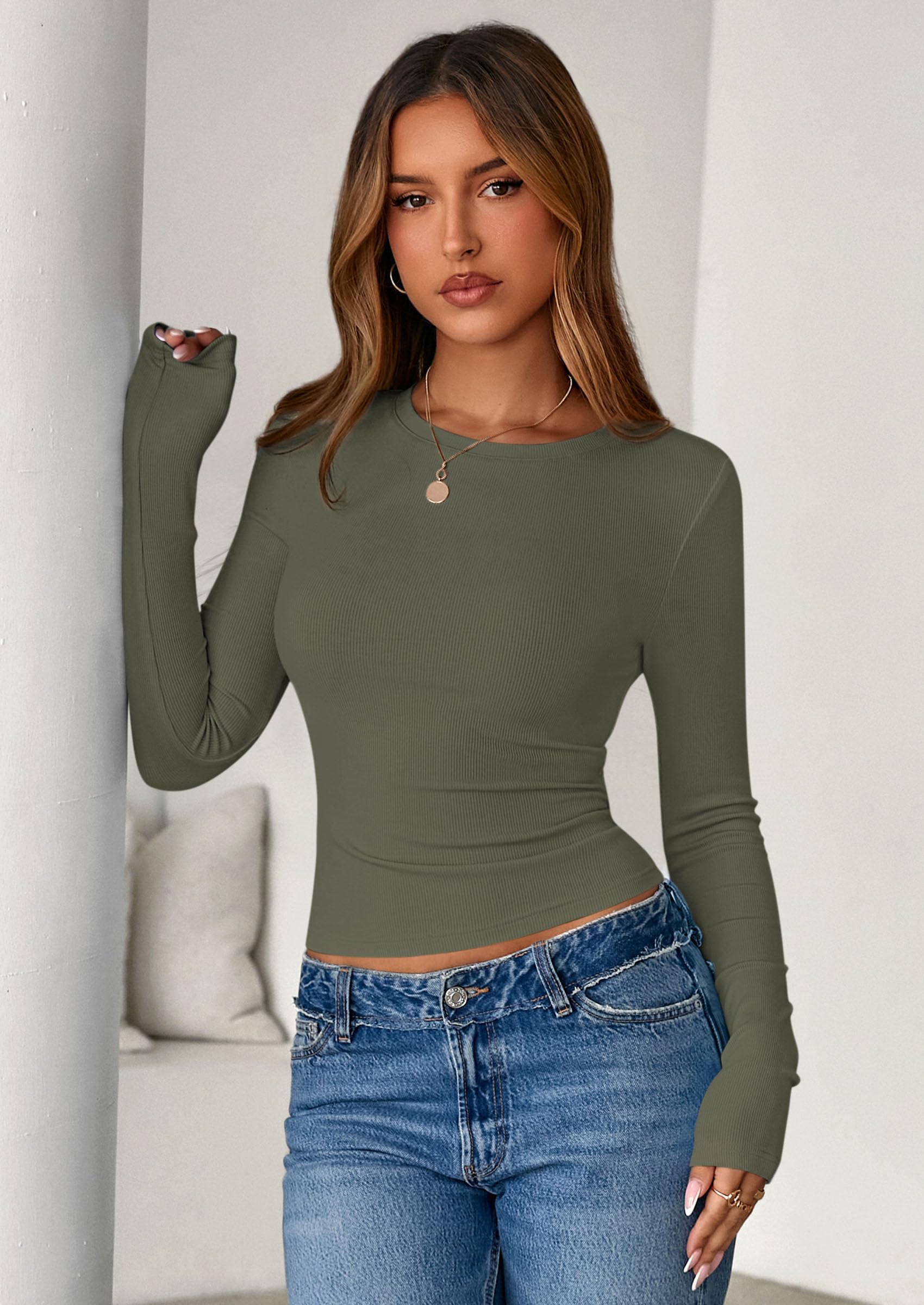 Women's Fall Long Sleeve Shirts Basic Tees (Army Green,XS)
