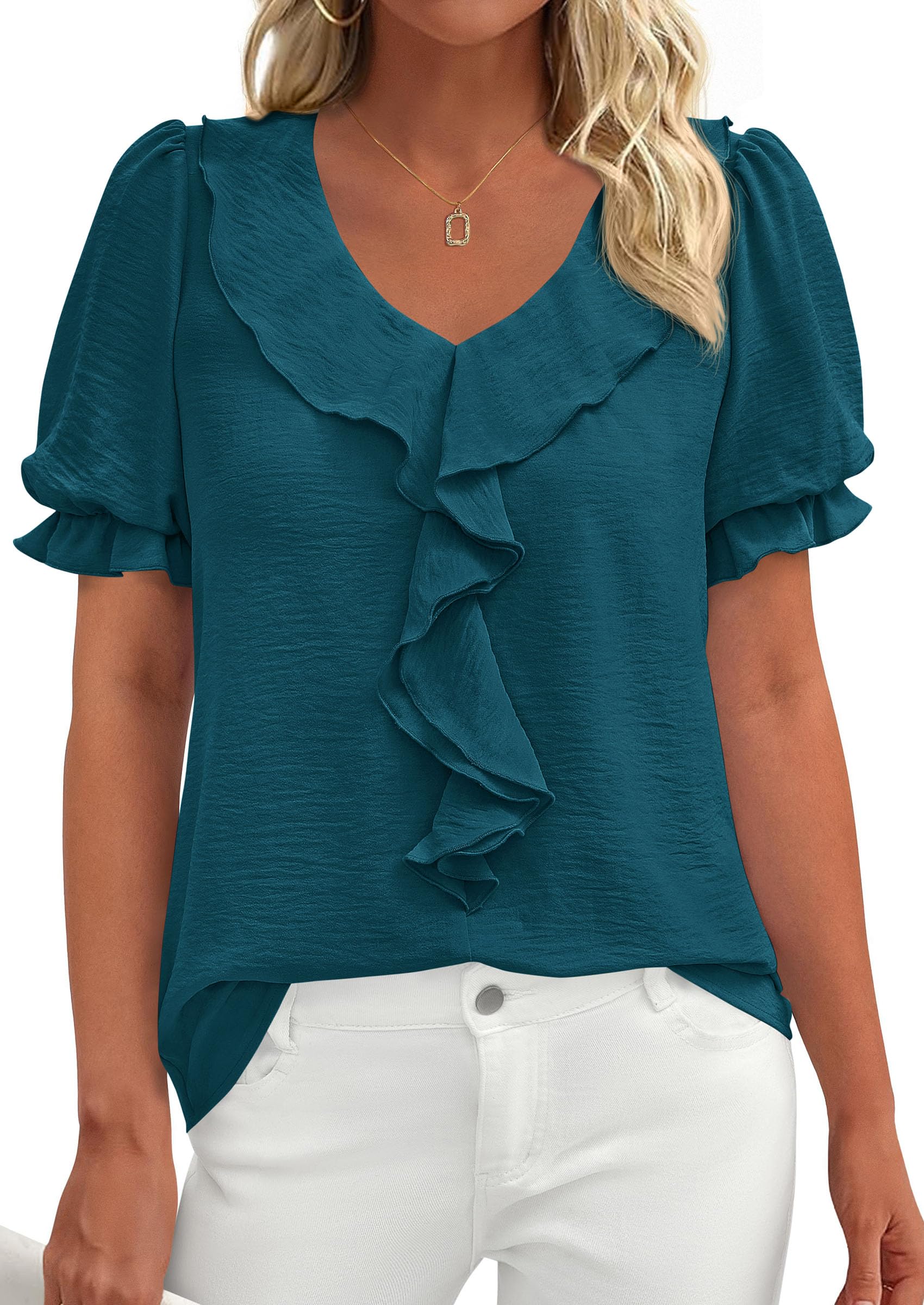 Women's Summer Ruffle Dressy Casual Blouses (Dark Blue,S)