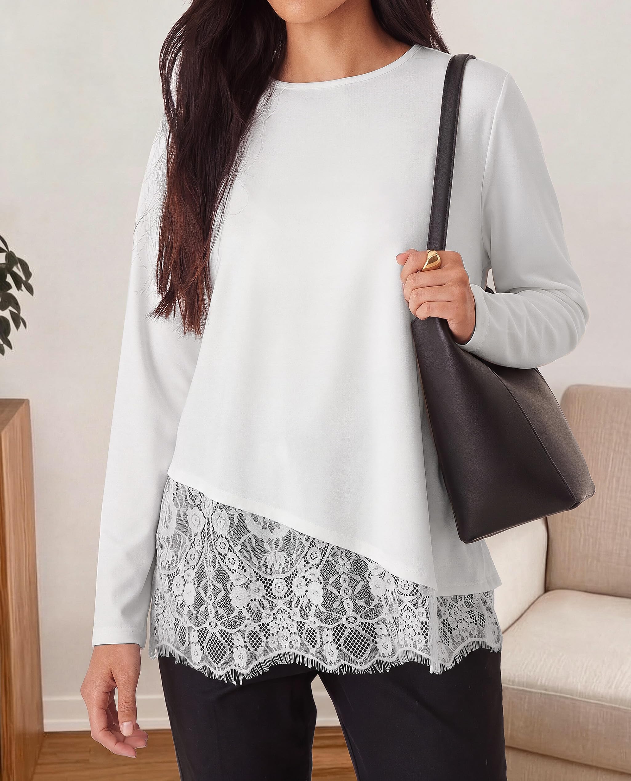 Women's Lace Patchwork Long Sleeve Shirts,White,S