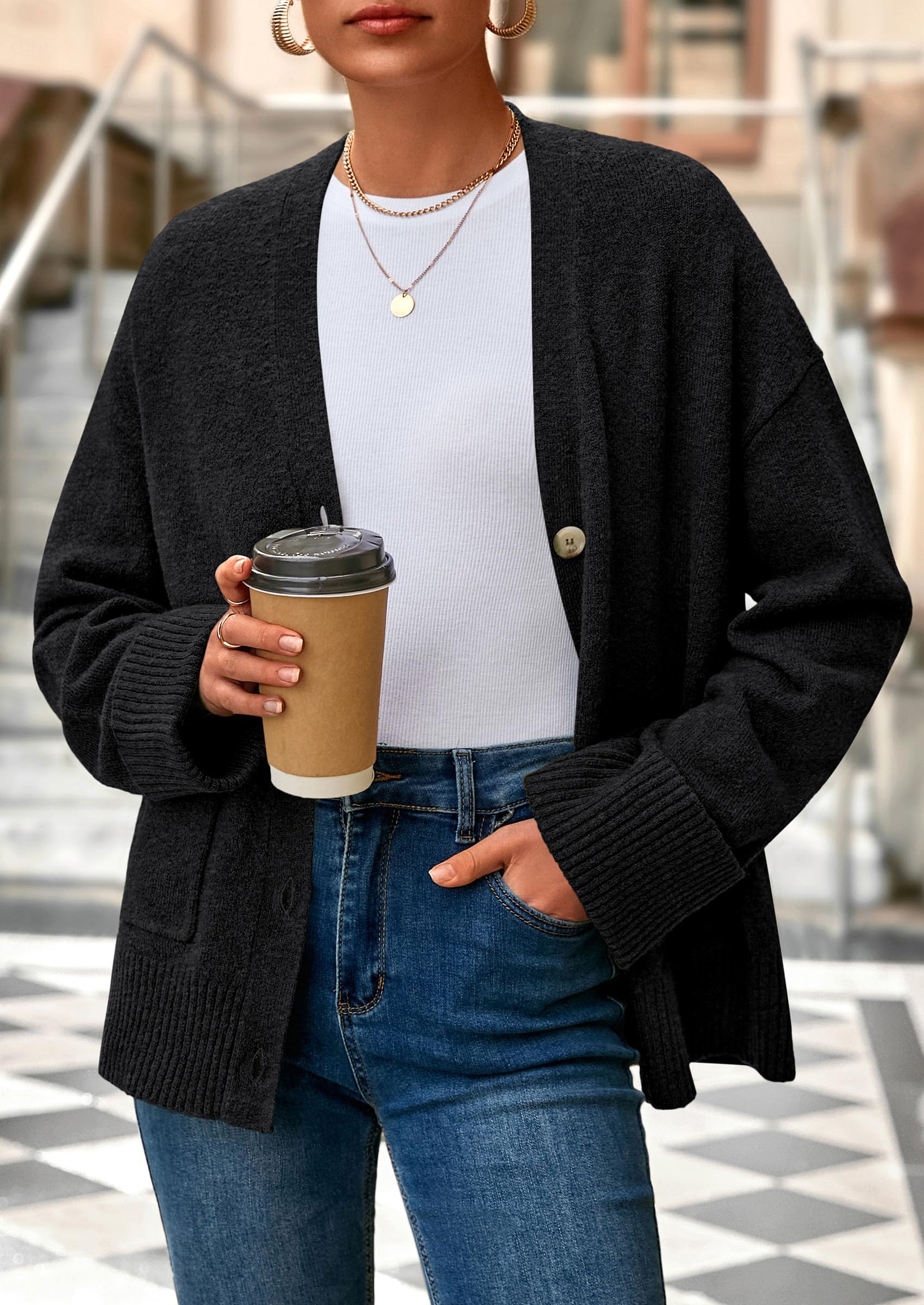 Women's Winter Oversized Cardigan Sweaters (Black,S)