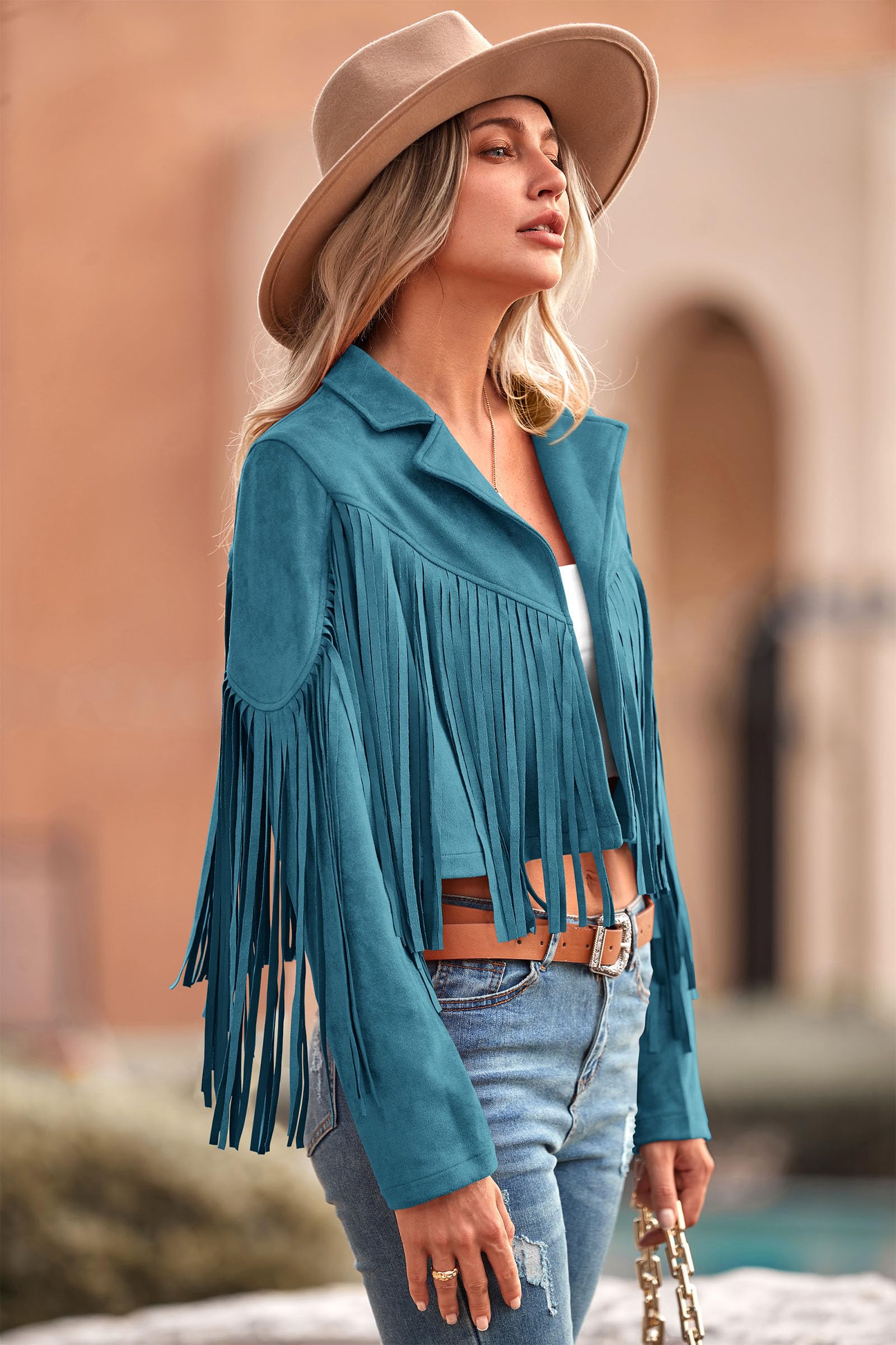 Women's Fringe Faux Suede Leather Jackets,Lake Blue,S