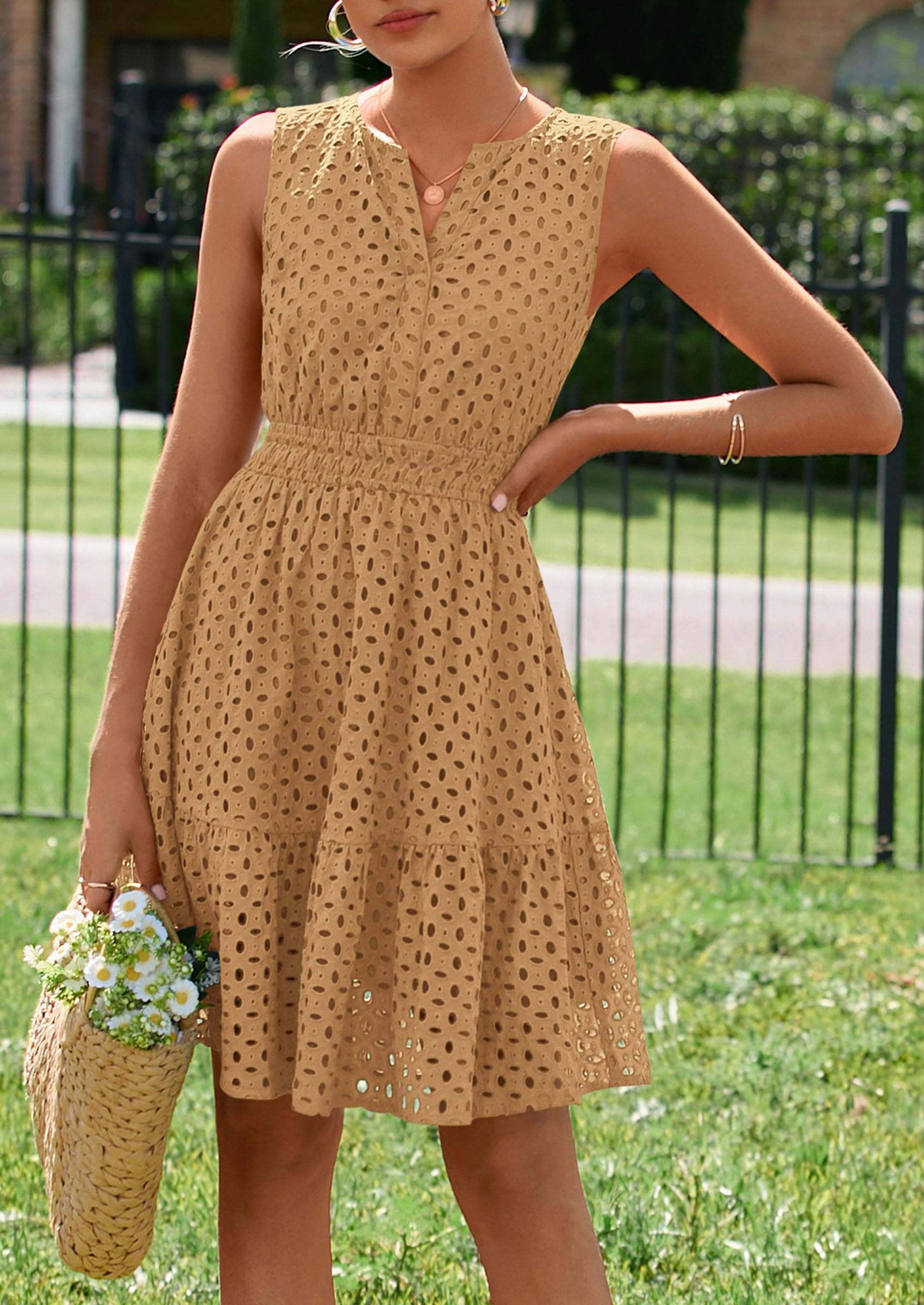 Women's Summer Eyelet A Line Short Dresses,Khaki,S
