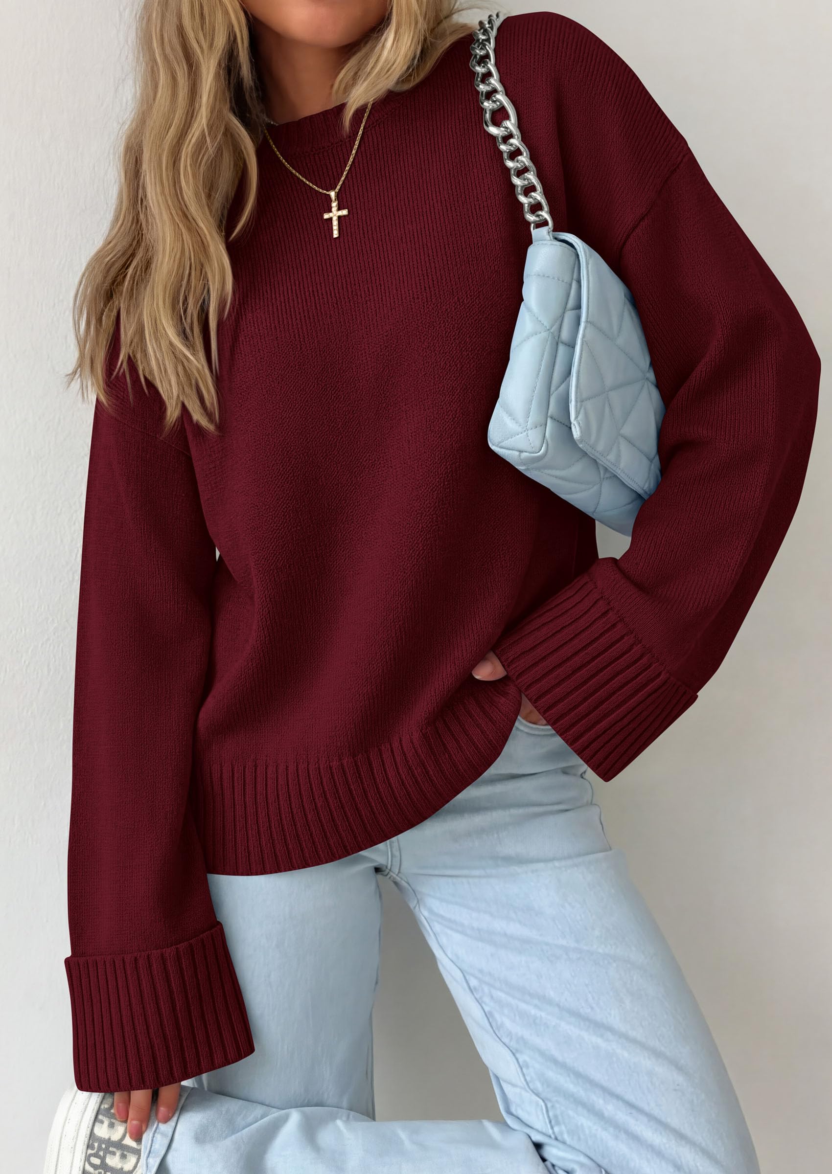 Oversized Sweater Women's Crewneck Long Sleeve Tops Wine Red