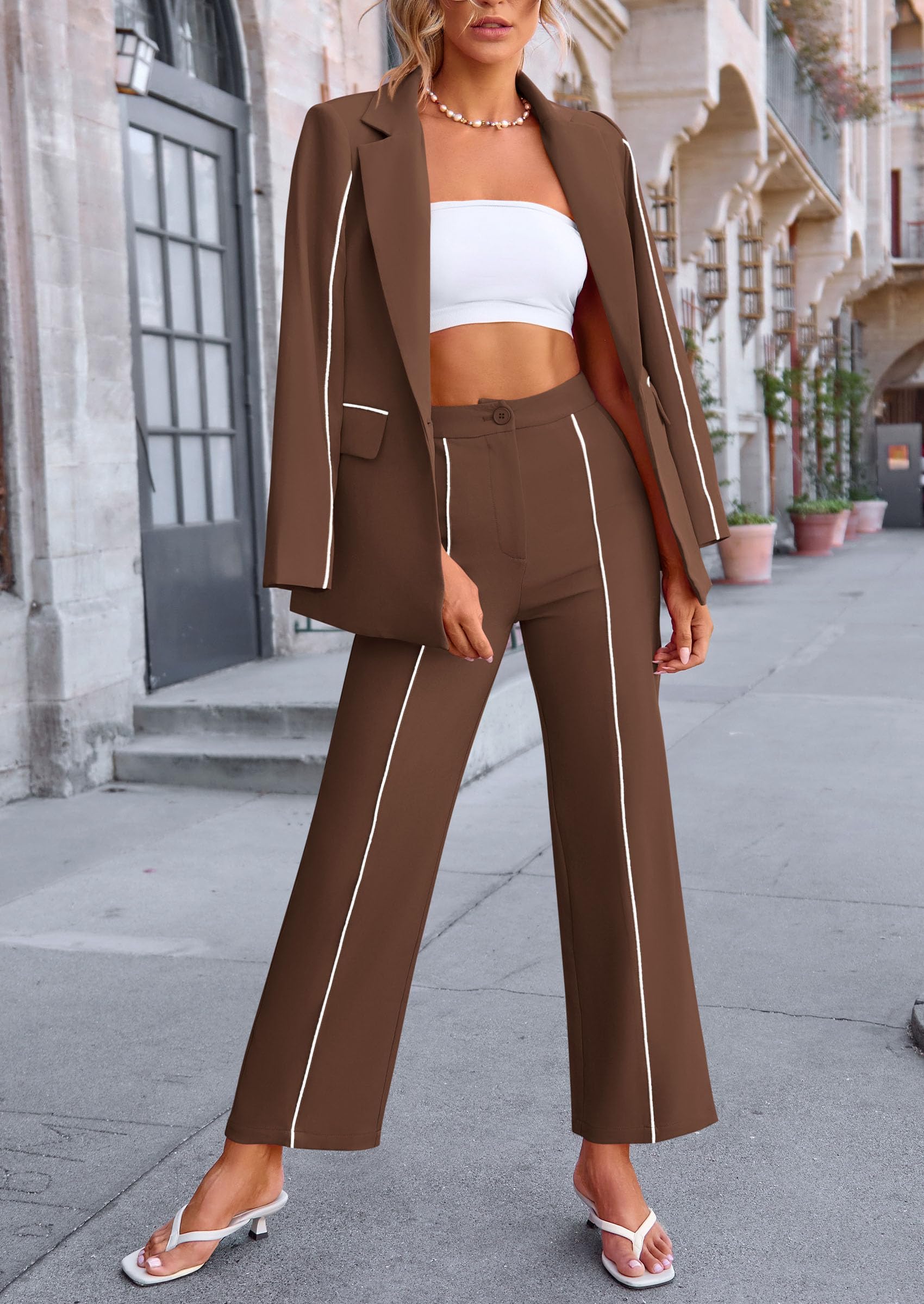 Women's 2 Piece Blazer Business Casual Outfits(Coffee,S)