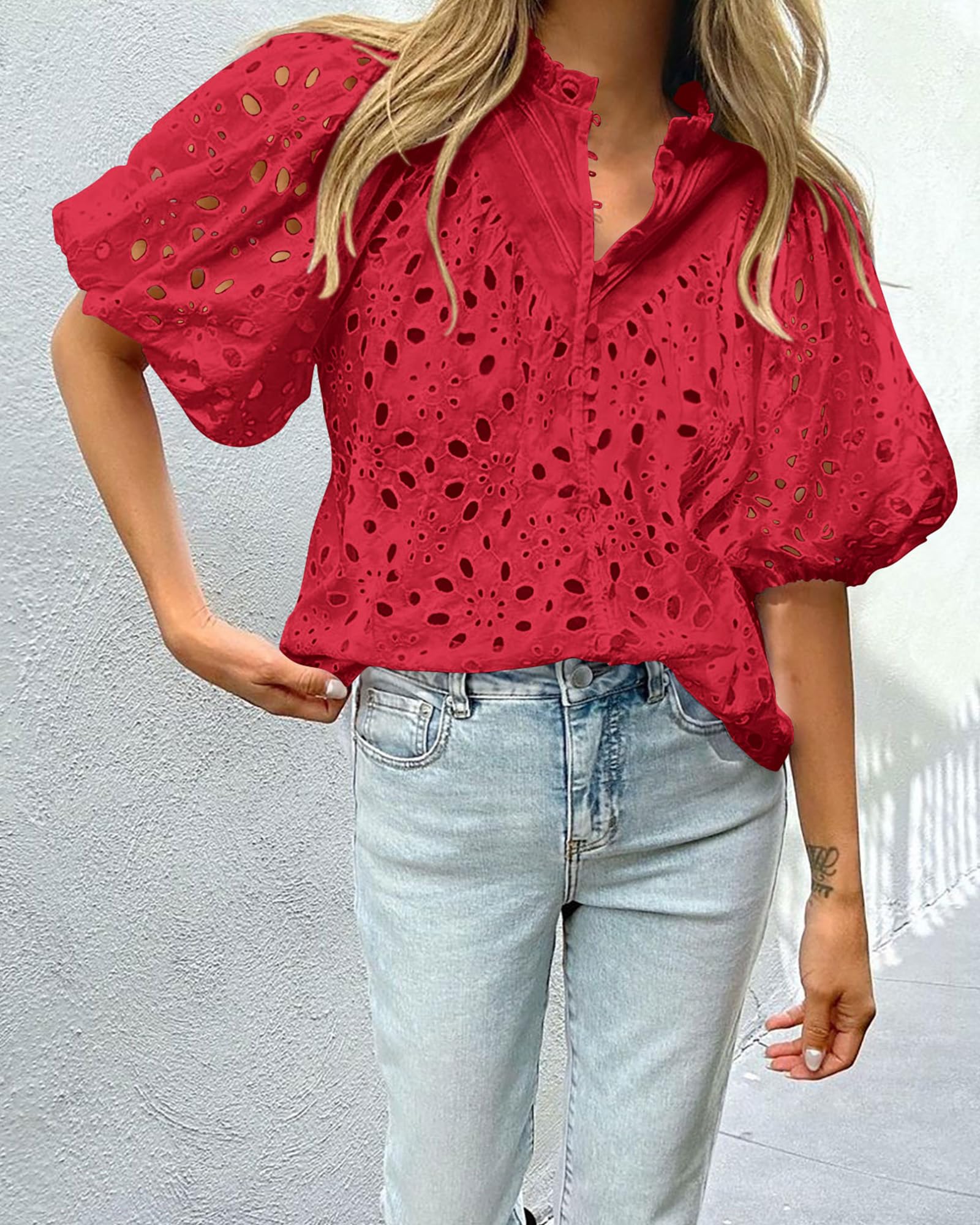 Womens Tops Boho Eyelet Puff Sleeve Blouse, Red,S