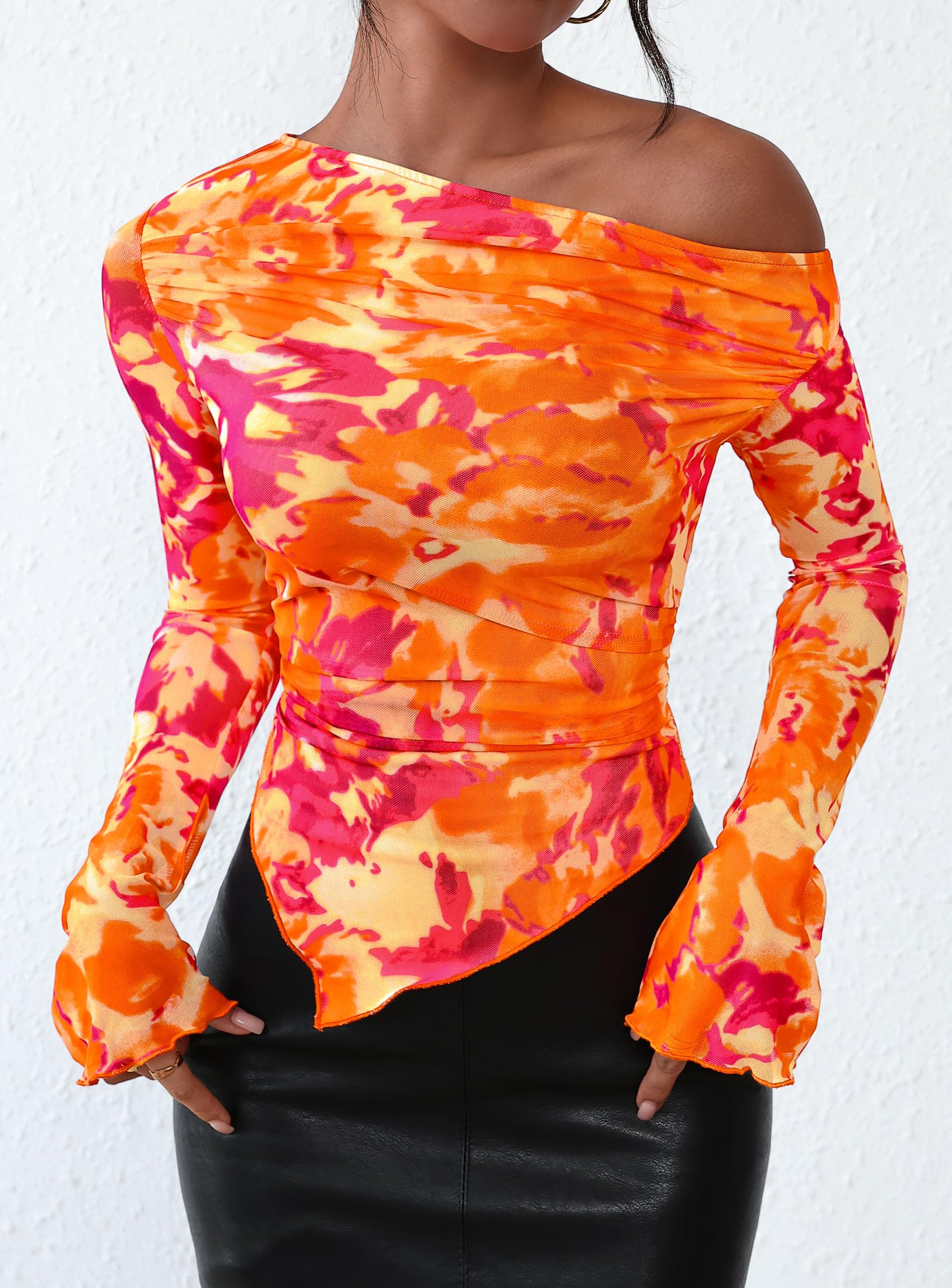 Womens Off Shoulder Mesh Y2k Tops,Floral Orange,XS