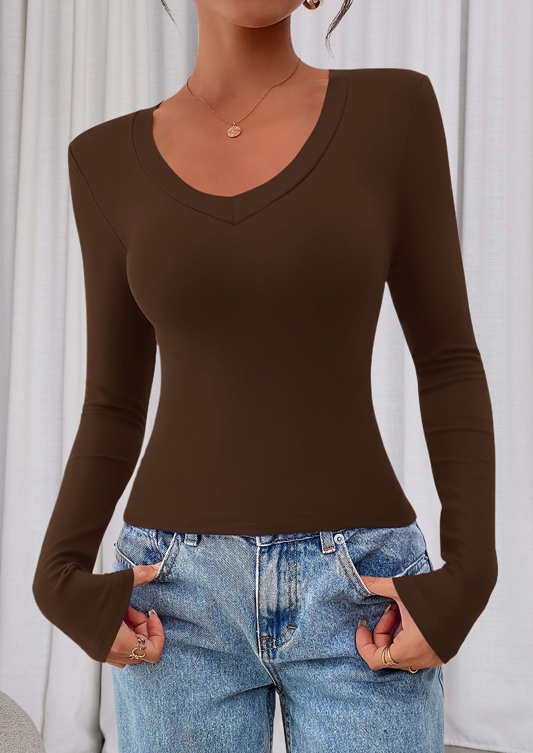 Womens Long Sleeve Slim Fit Crop Tops,Brown,XS