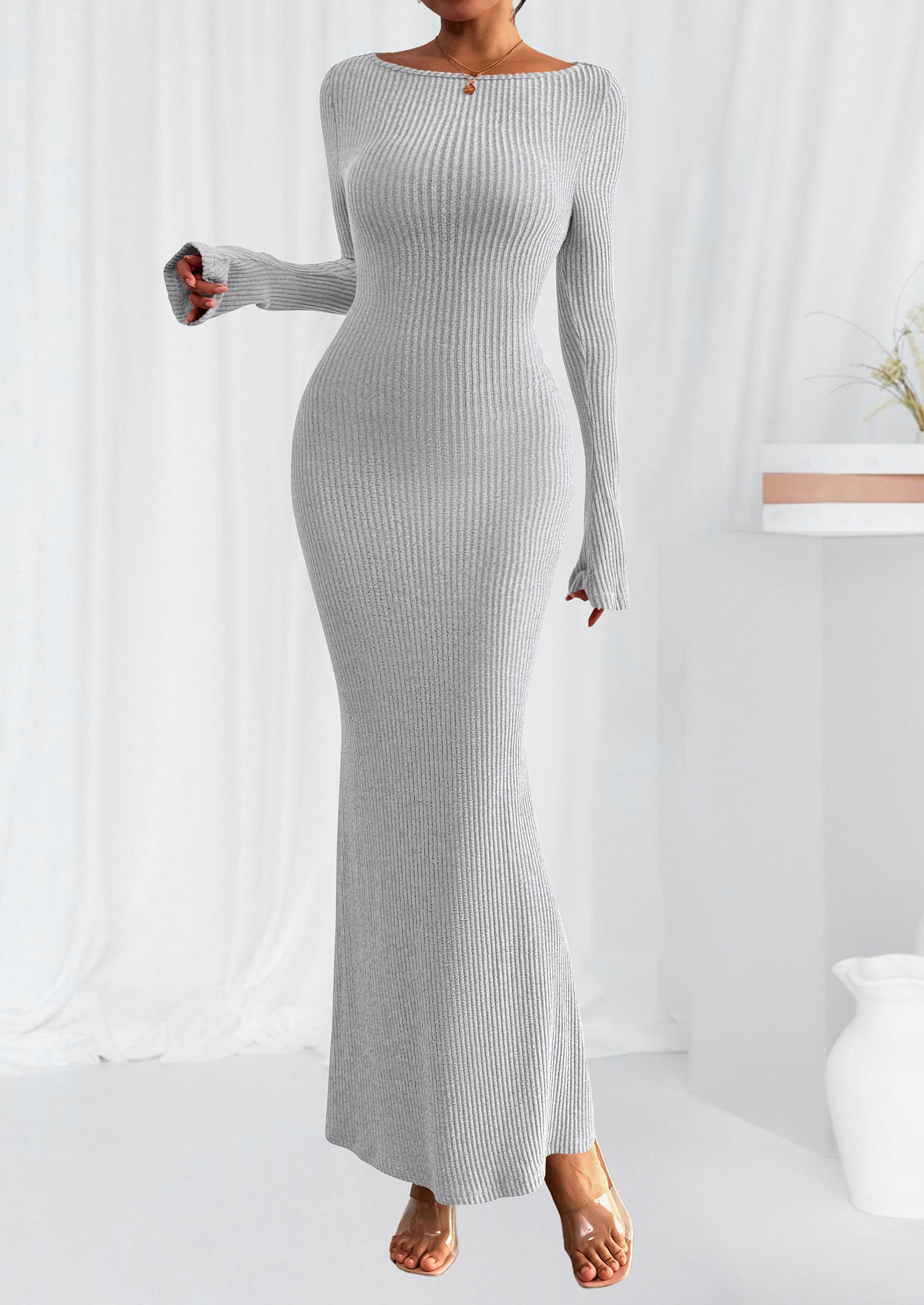 Women's Fall Long Sleeve Bodycon Maxi Dresses (Grey,XS)