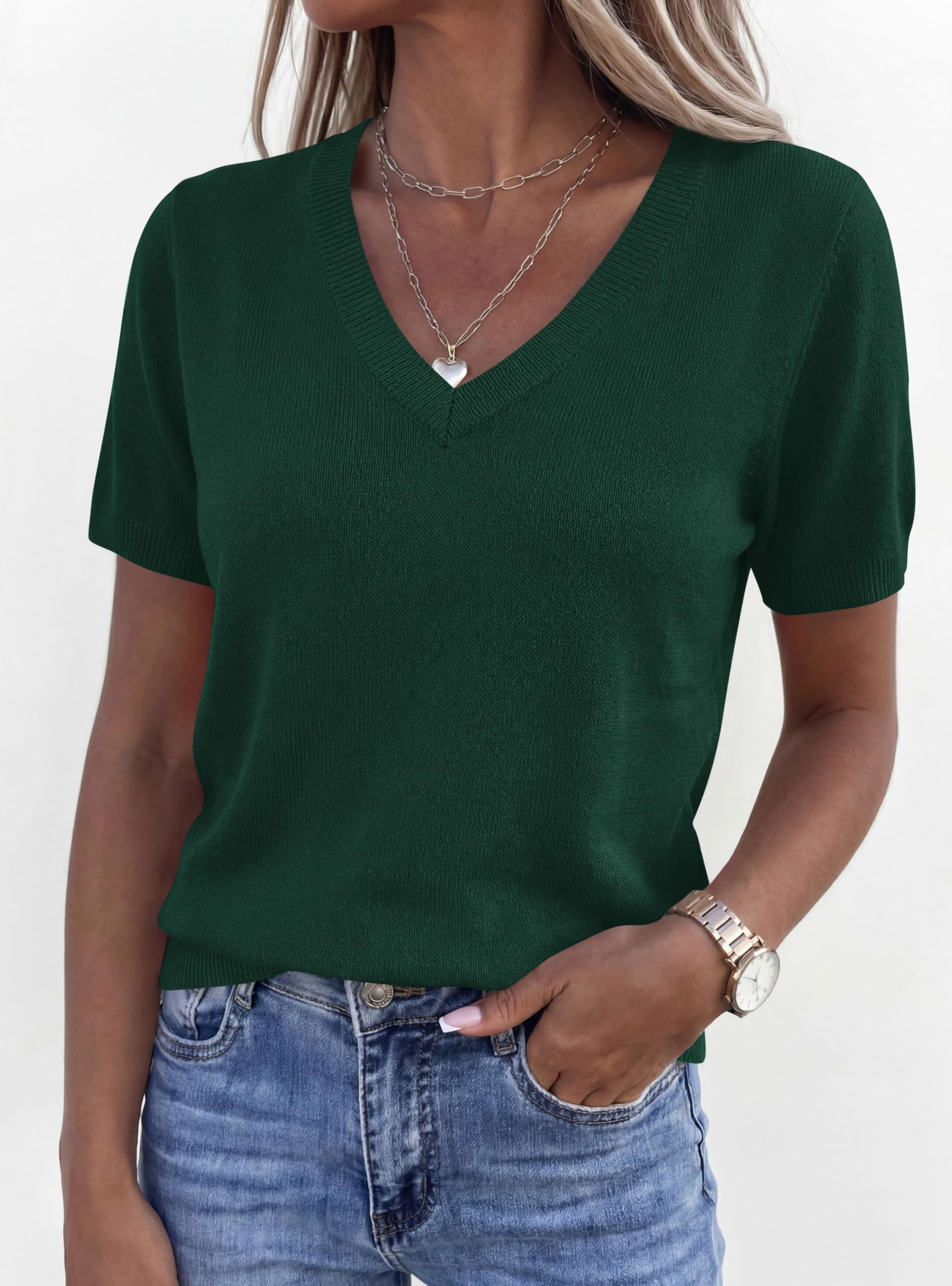 Womens Short Sleeve Sweater V Neck Tops,Dark Green,S