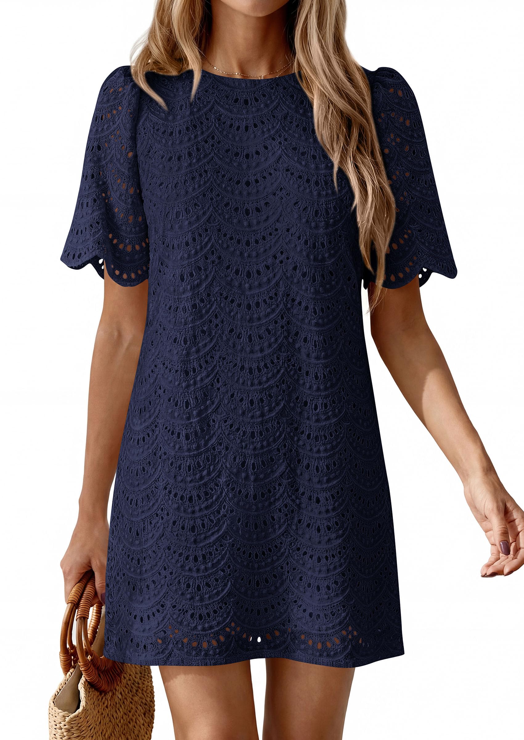 Women's Summer Eyelet Lace Short Dress (Navy Blue,S)