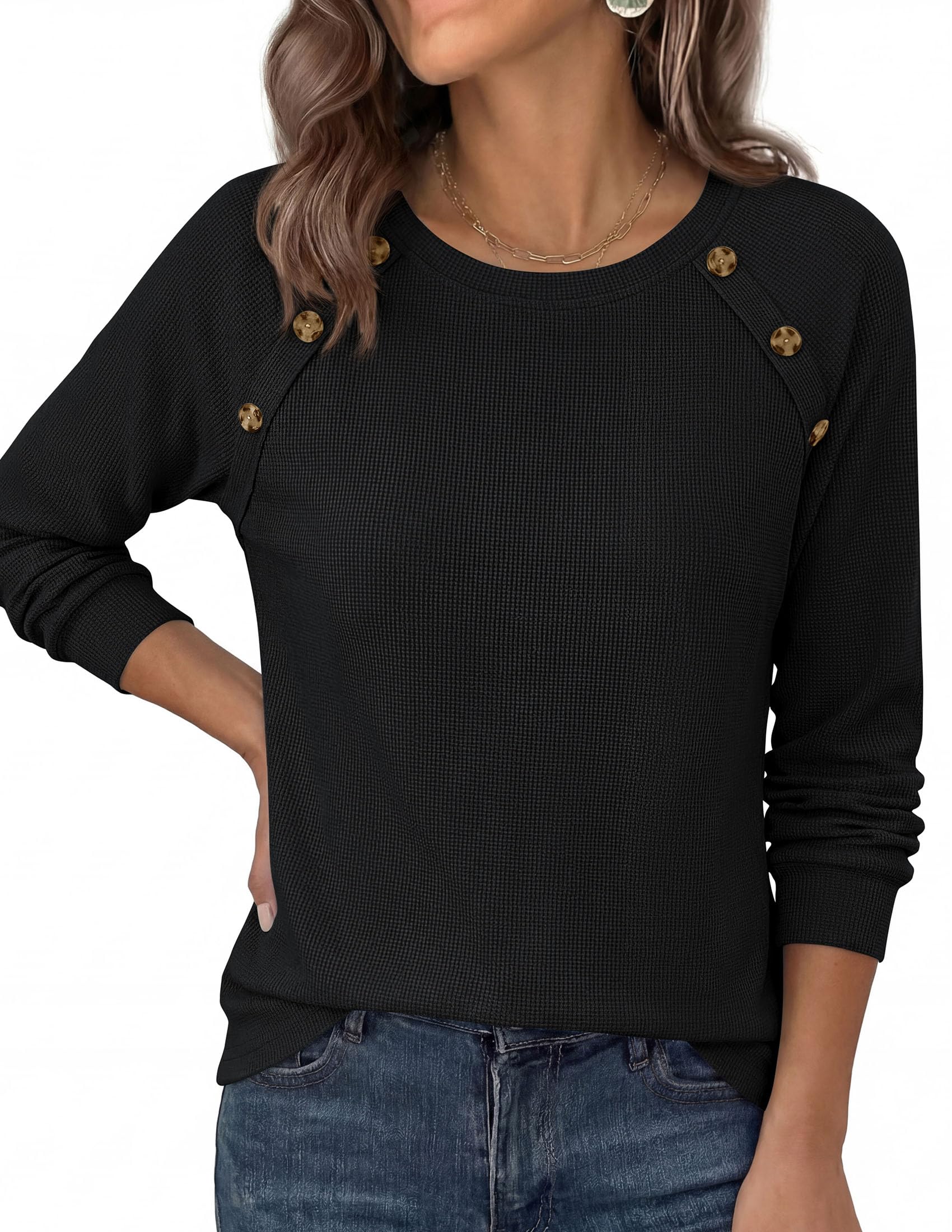 Fall Long Sleeve Waffle Knit Shirts for Women Loose Tunic Tops